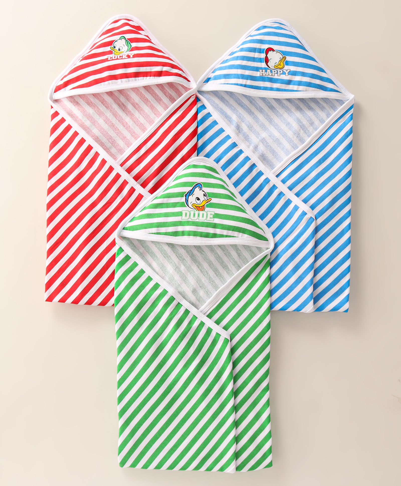 Babyhug Disney Terry Knit Hooded Towel & Wrapper with Donald Duck Graphics L 76X H 36 cm Pack of 3 - Blue Green & Red-picture-15