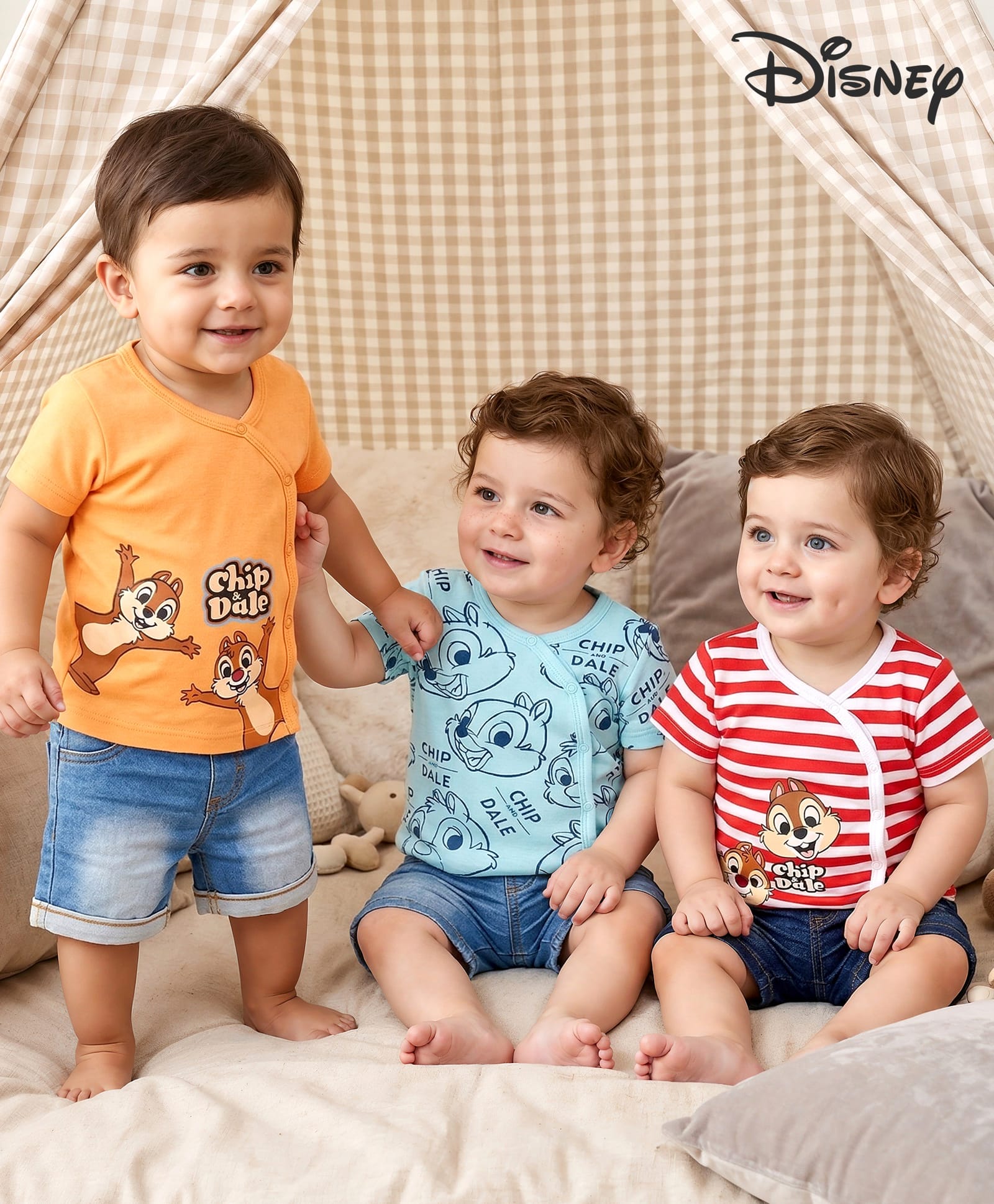 Babyhug Disney Interlock Knit Half Sleeves Striped Jhablas with Chip N Dale Print Pack of 3 - Oragne Red & Aqua Blue-image-4