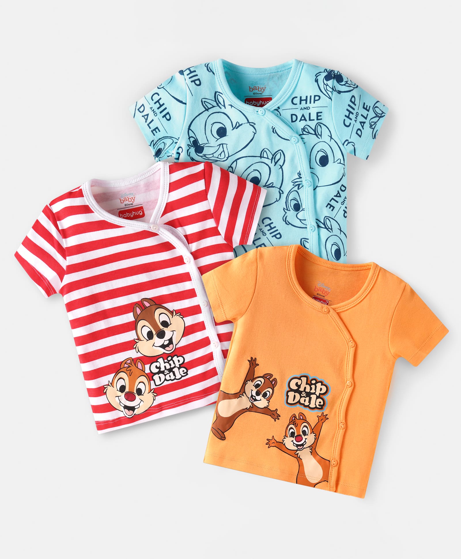 Babyhug Disney Interlock Knit Half Sleeves Striped Jhablas with Chip N Dale Print Pack of 3 - Oragne Red & Aqua Blue-picture-15
