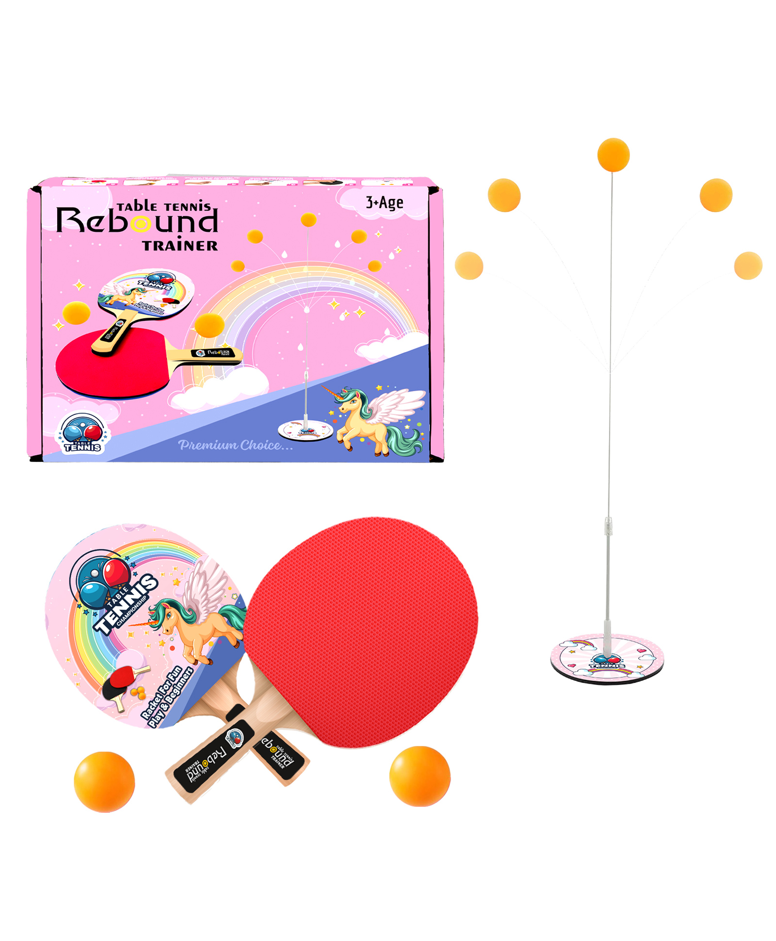 ADKD Unicorn Theme Table Tennis Rebound Trainer Toys with Rackets and Balls Base Training Practice Set for Kids - Multicolor-picture-2