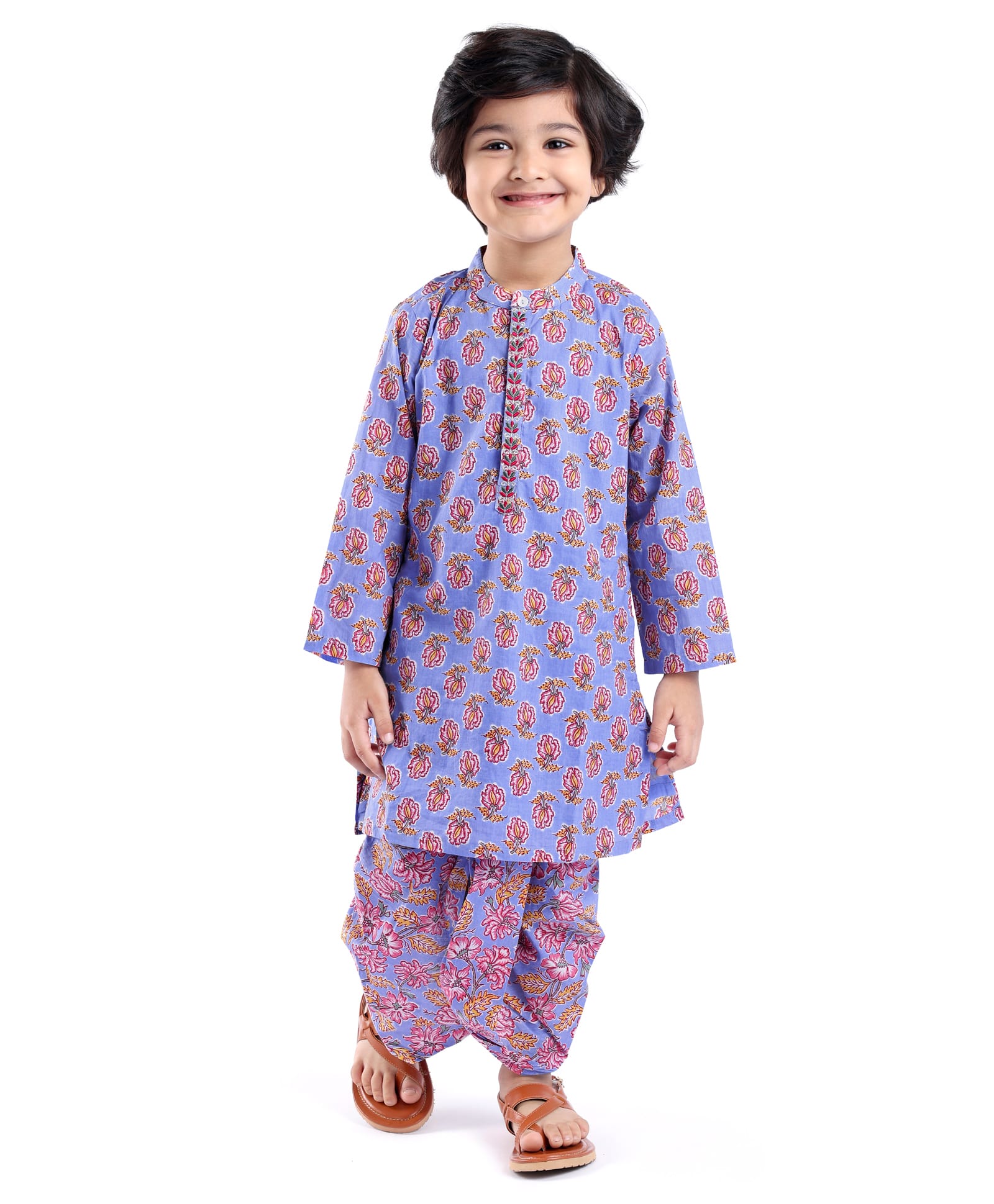 Babyhug Cambric Woven Full Sleeves Floral Printed Kurta Pyjama Set - Blue-picture-21