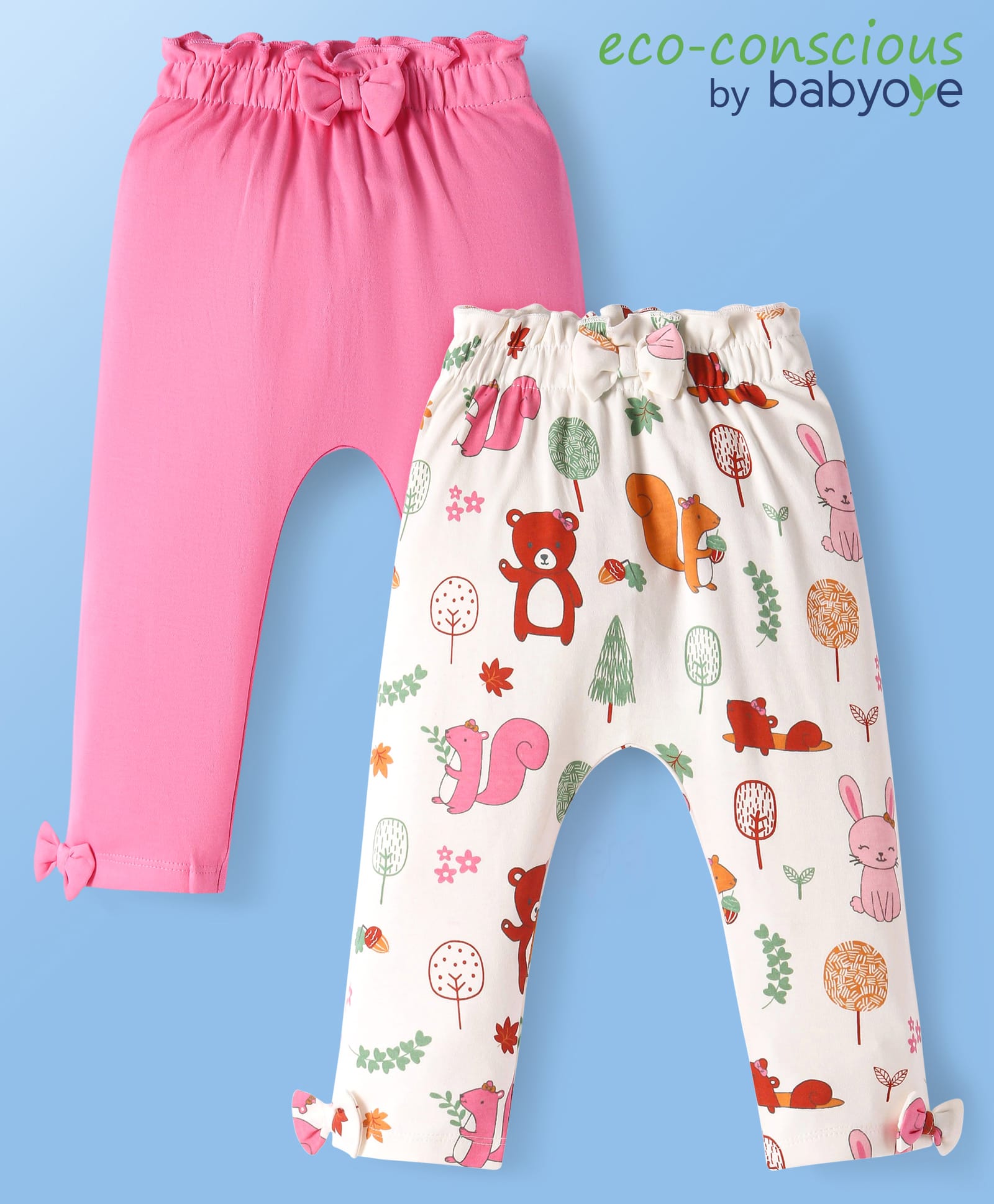 Babyoye Eco Conscious100% Cotton Knit Full Length Animal Printed Leggings with Bow Applique Pack of 2 - Dark Pink & White-image-38
