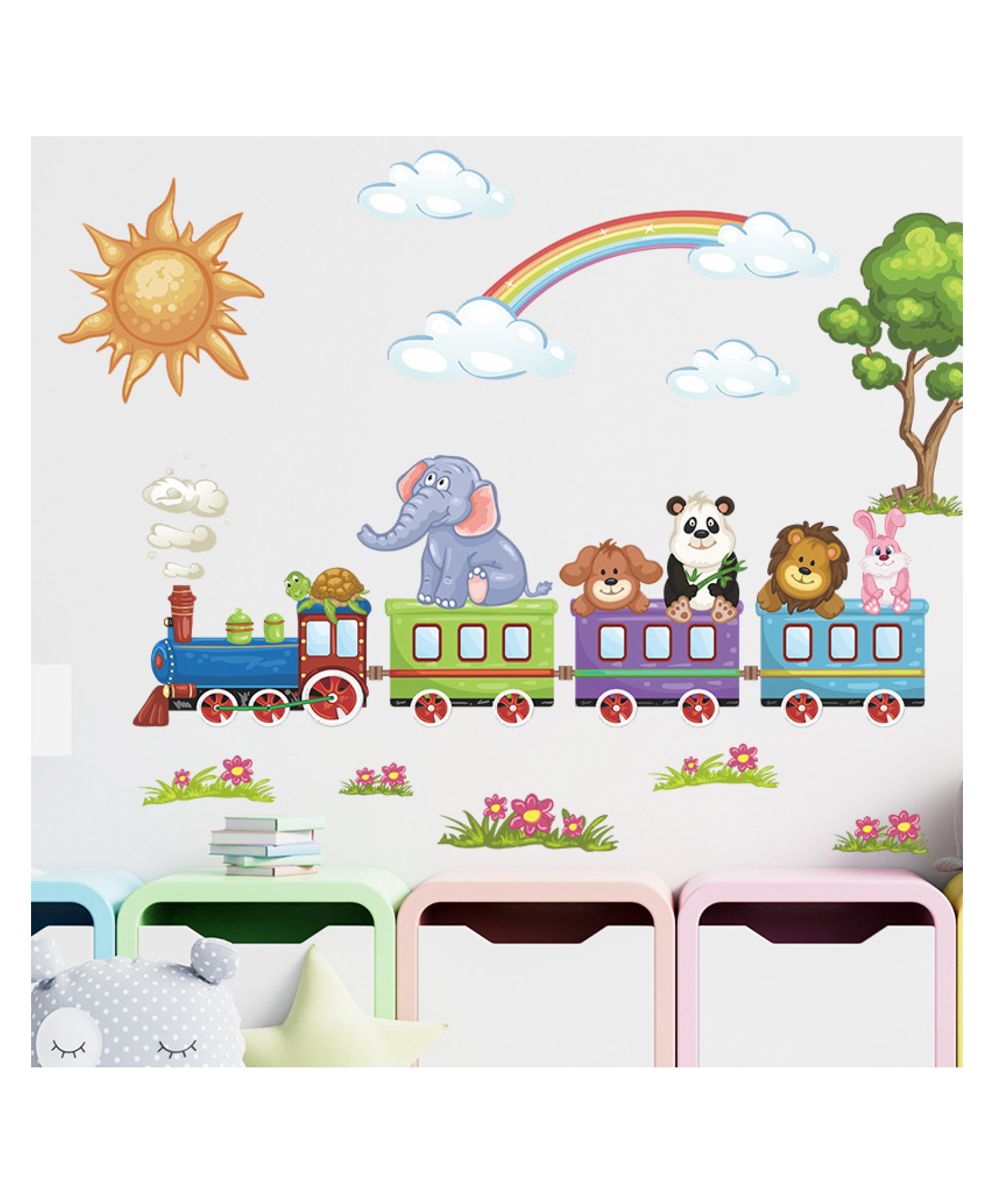 jaamso royals cute animals with train over white background decorative wall sticker