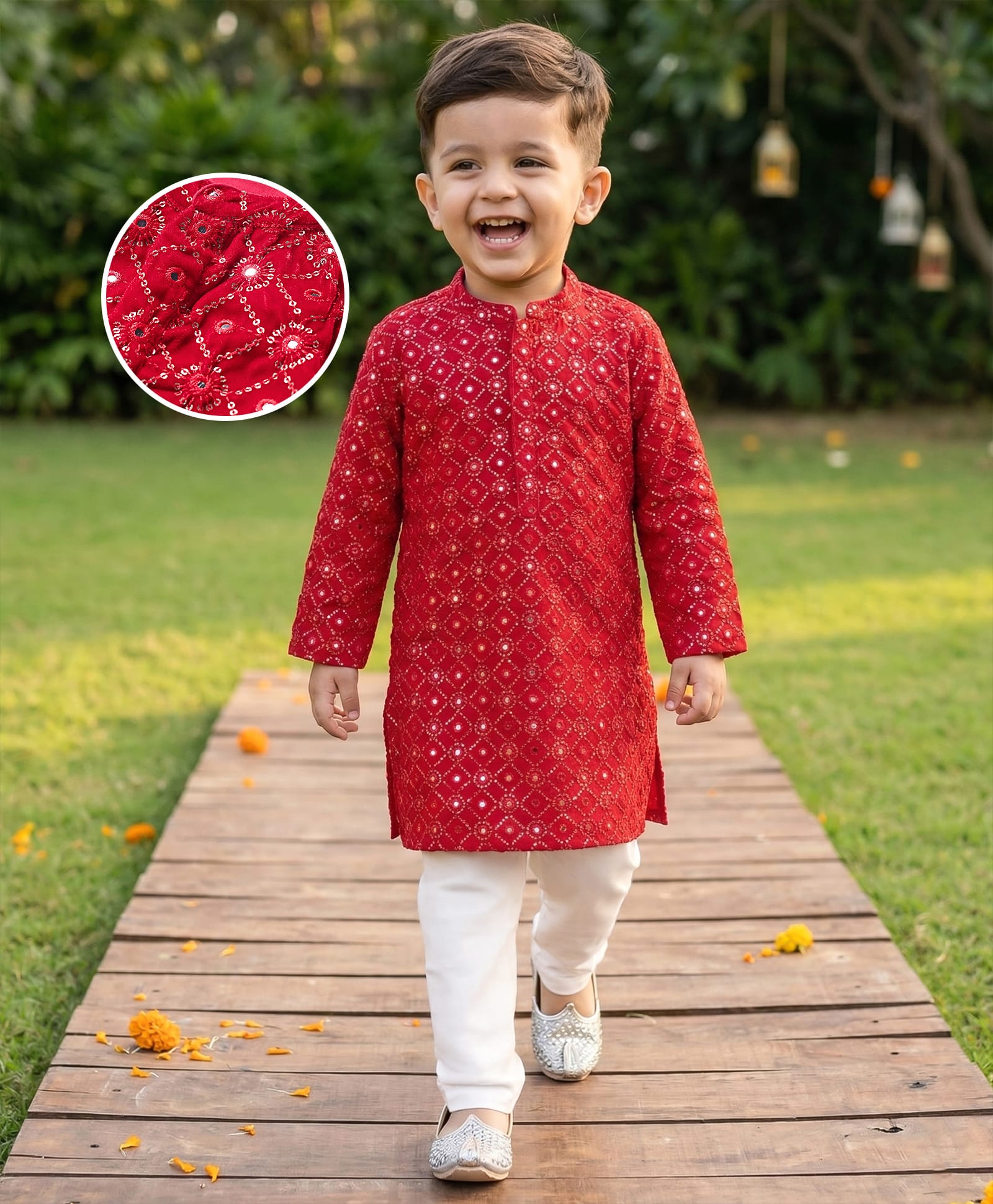 Babyhug Woven Velvet Full Sleeves Sequin Embroidered Kurta Pyjama Set - Red-image-46