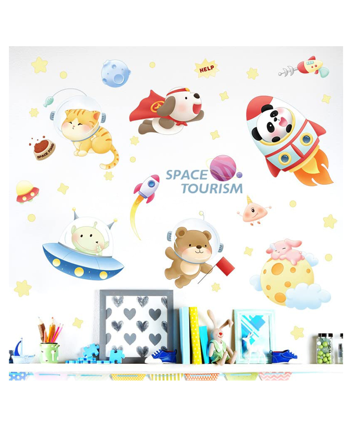 Jaamso Royals Space Tourism Rocket Cats Bear KIds Self Adhesive Vinyl Wall Sticker-picture-3