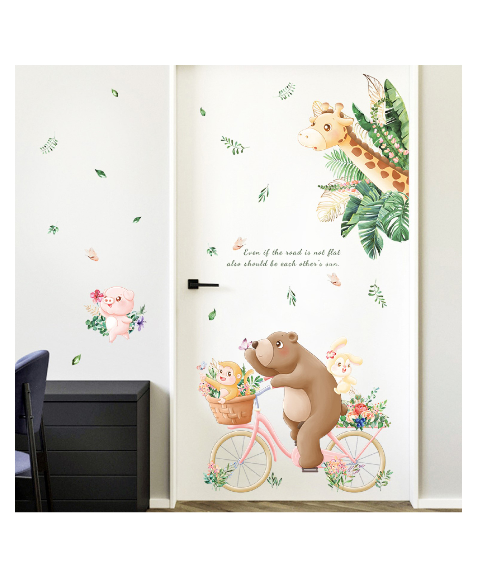 Jaamso Royals Cartoon Animals Pig Bear Riding Bicycle Green Plant Vinyl Wall Sticker-picture-17