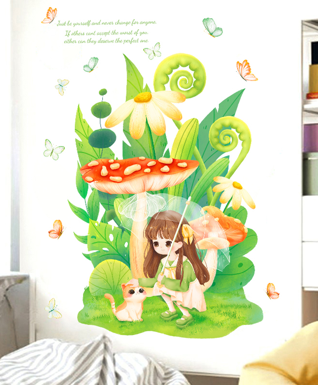 Jaamso Royals Beautiful Girl & Cat With Umbrella Self Adhesive Wall Sticker-picture-30