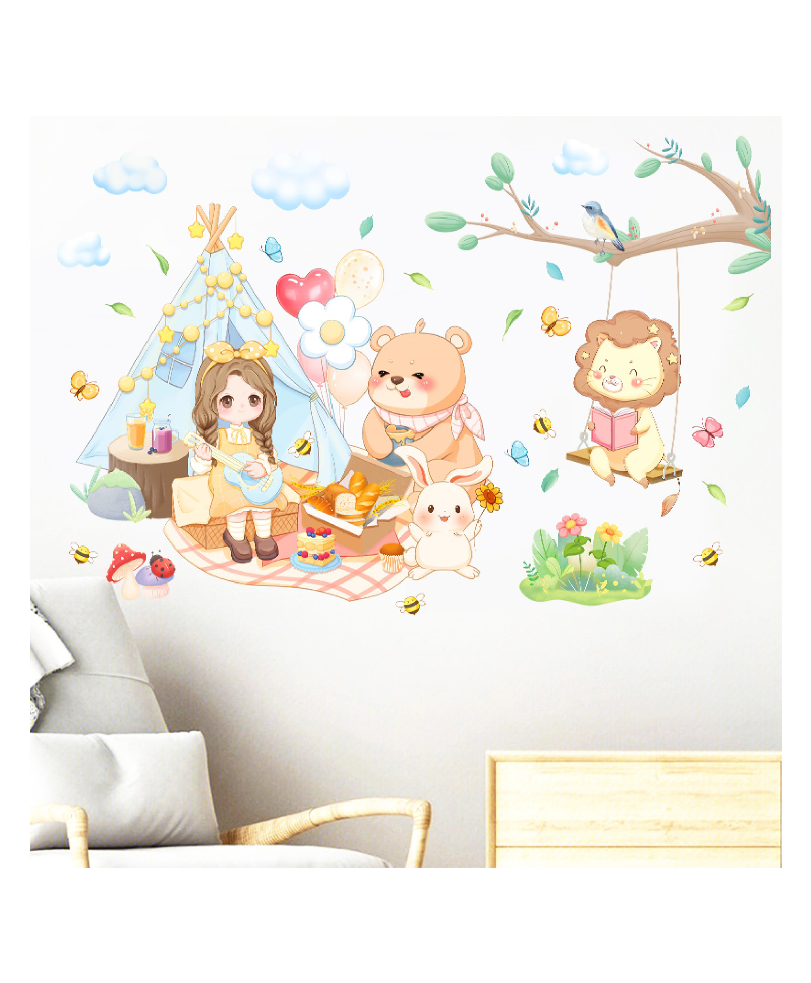 Jaamso Royals 3D Cartoon Lion, Bear, Rabbit & Girl Self Adhesive Wall Sticker-picture-28