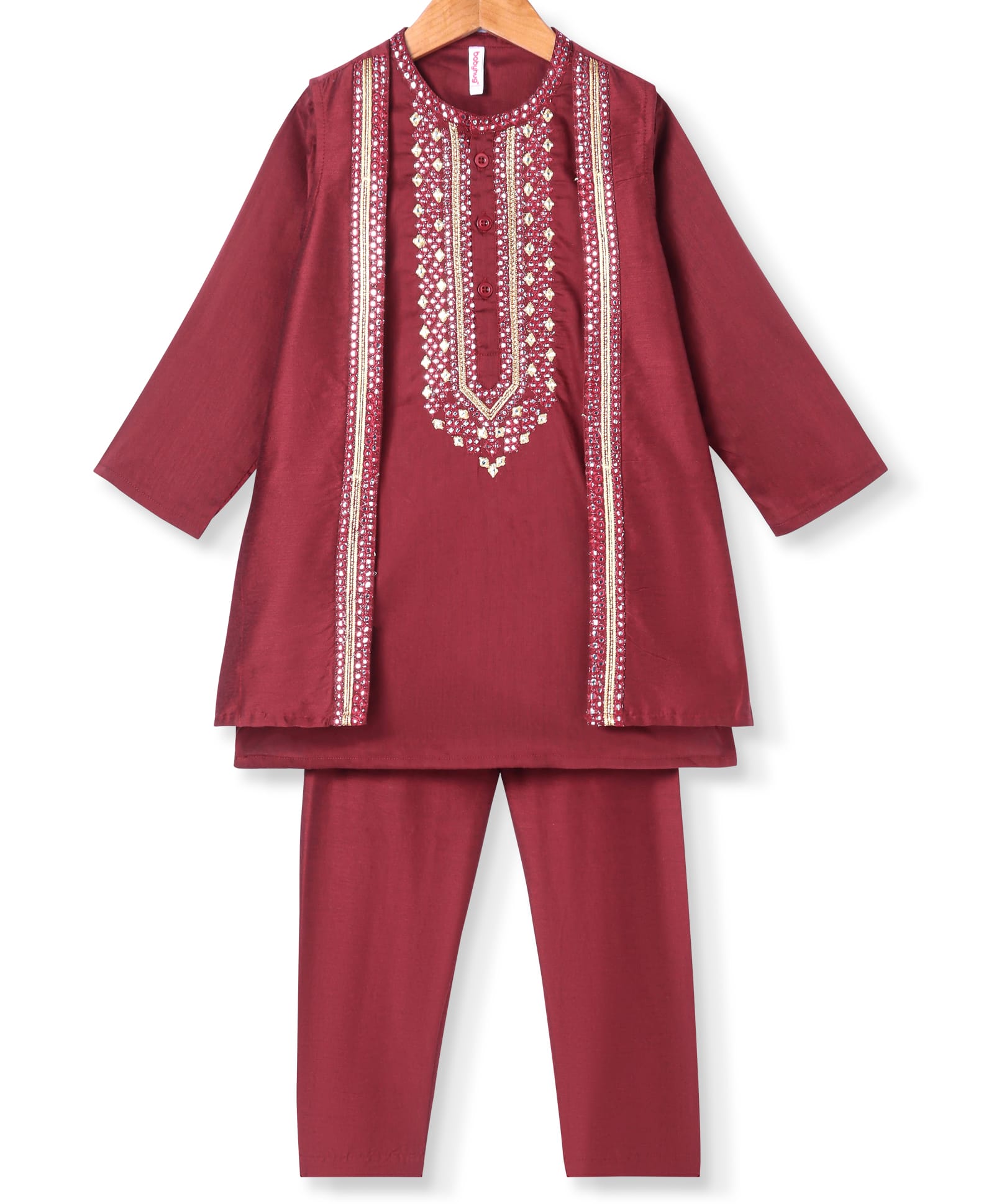 Babyhug Woven Full Sleeves Kurts Pyjama Set with Embellished Jacket - Dark Red-picture-13