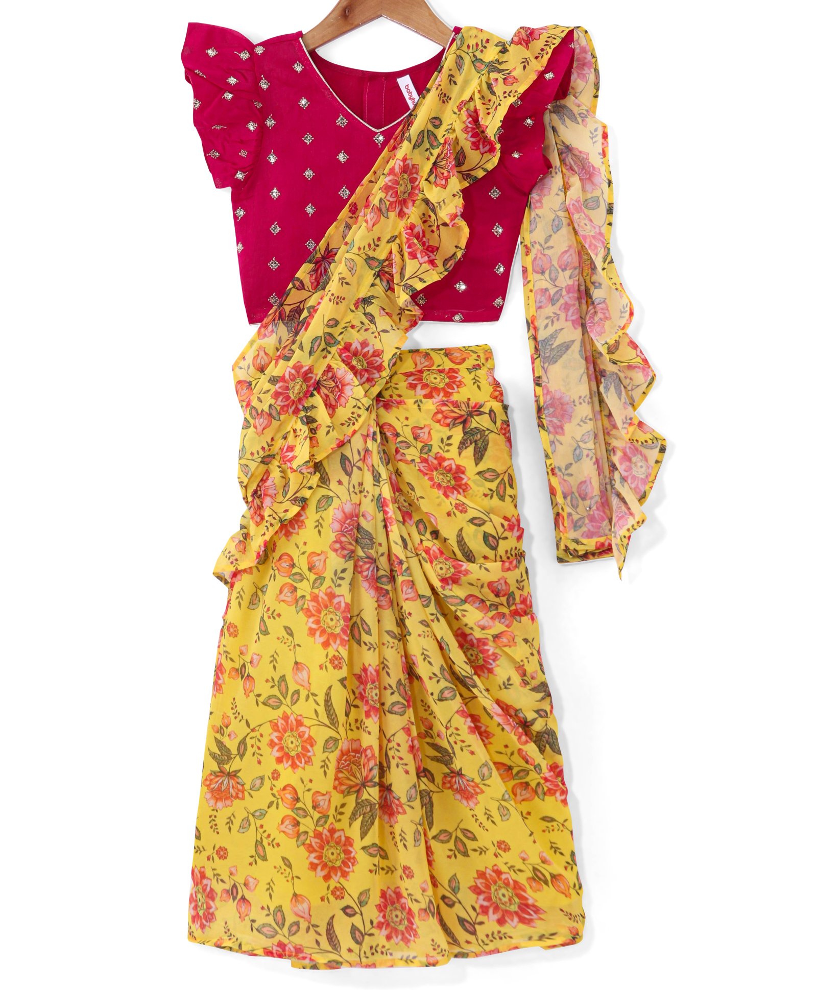 Babyhug Woven Half Sleeves Georgette Embroidered Blouse & Floral Printed Saree - Fuschia & Yellow-image-4