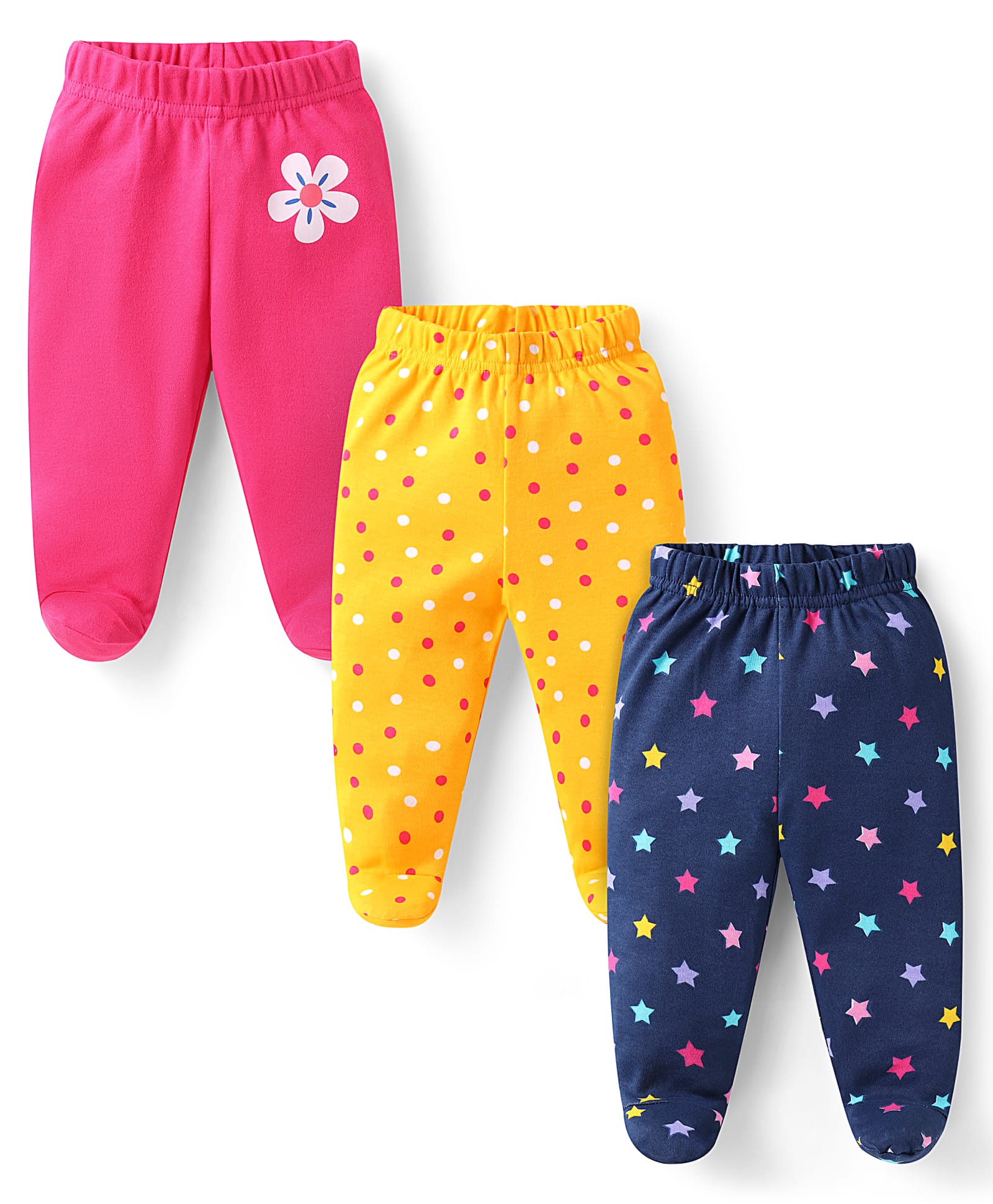 Babyhug Interlock Knit Footed Leggings with Floral & Star Print Pack of 3 - Pink Yellow & Navy Blue