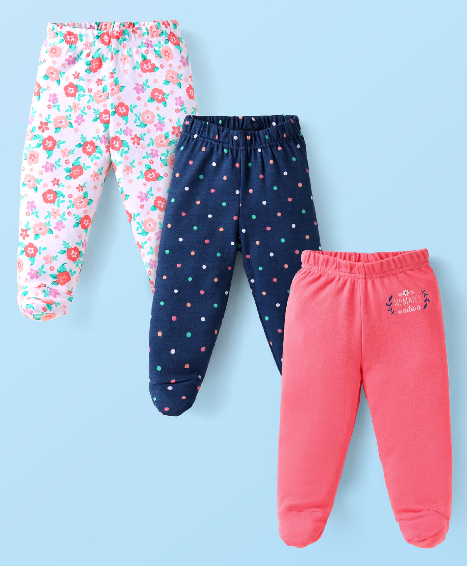 Babyhug Interlock Knit Footed Leggings with Polka Dots & Floral Print Pack of 3 - Navy Blue-picture-10