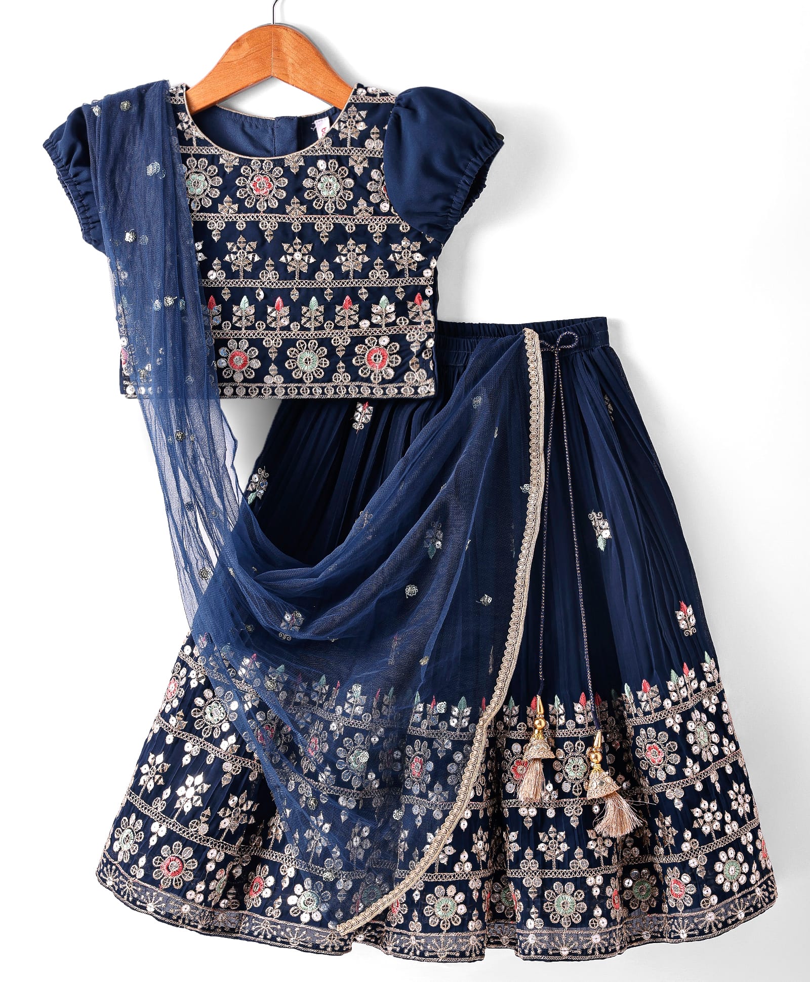 Babyhug Woven Short Puffed Sleeves Floral Embroidered Choli With Lehenga & Dupatta Set - Teal Blue-image-43