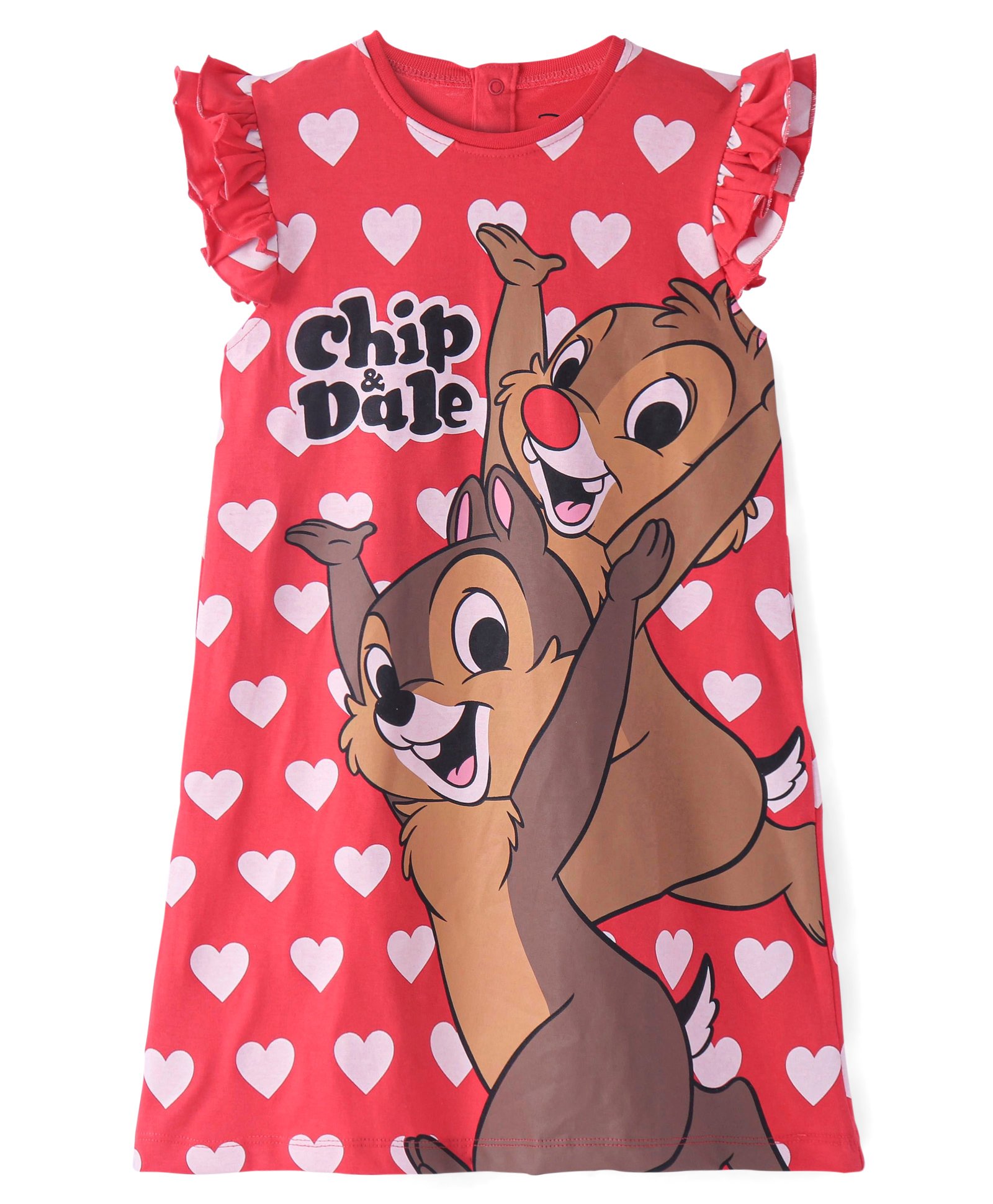 Babyhug Disney Cotton Knit Frill Sleeves Nighty With Chip N Dale Graphics - Red-picture-28