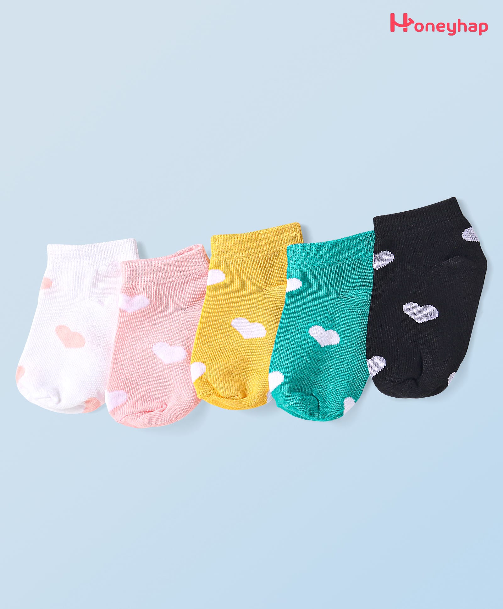 Honeyhap Premium Cotton Bamboo Spandex With Bio Finish Heart Designed Socks Pack of 5 - Black White Water Garden Old Gold & Gosammer Pink-picture-13