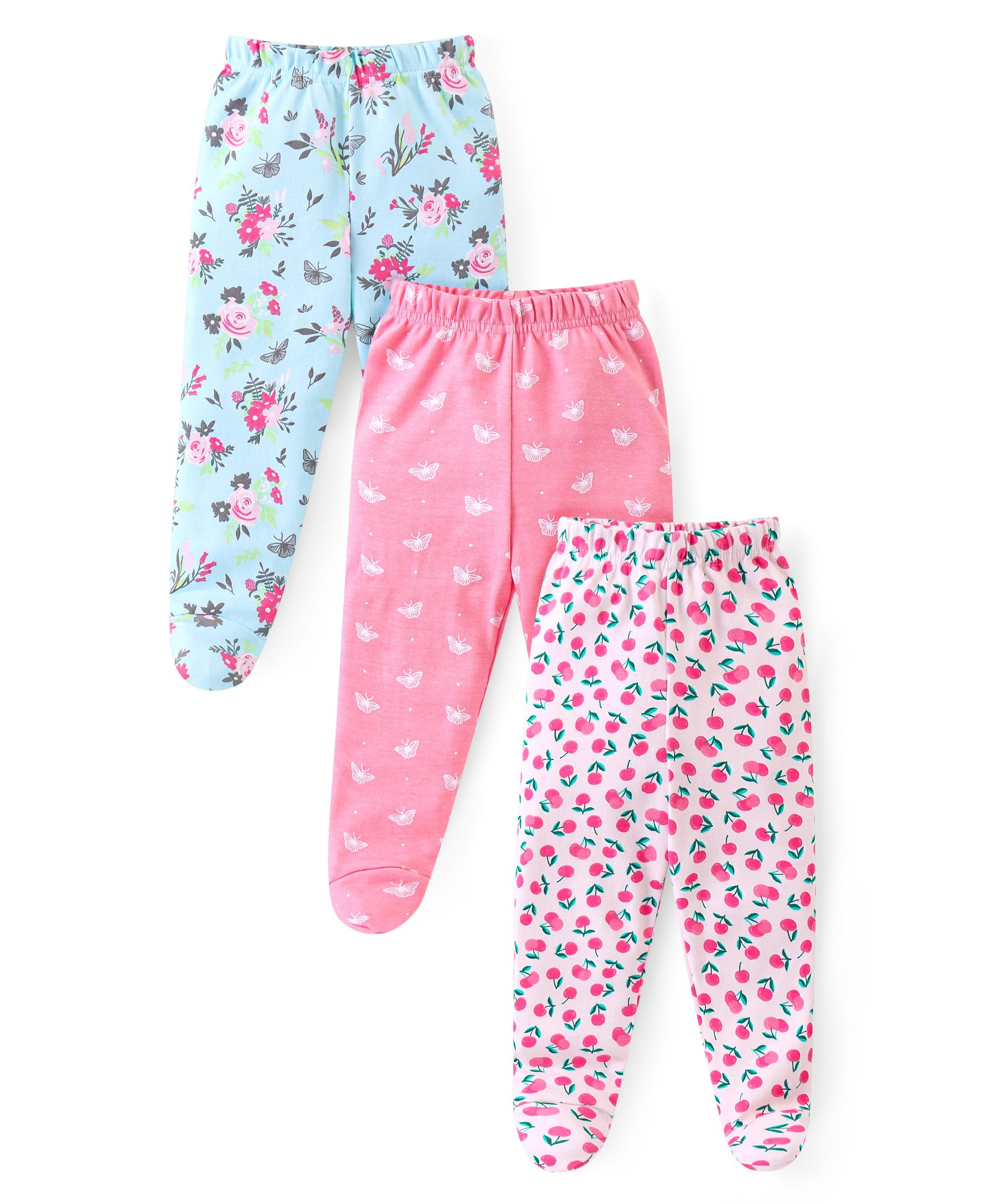 Babyhug Interlock Cotton Knit Bootie Leggings with Floral Print Pack of 3 - Pink & Aqua Blue-picture-13