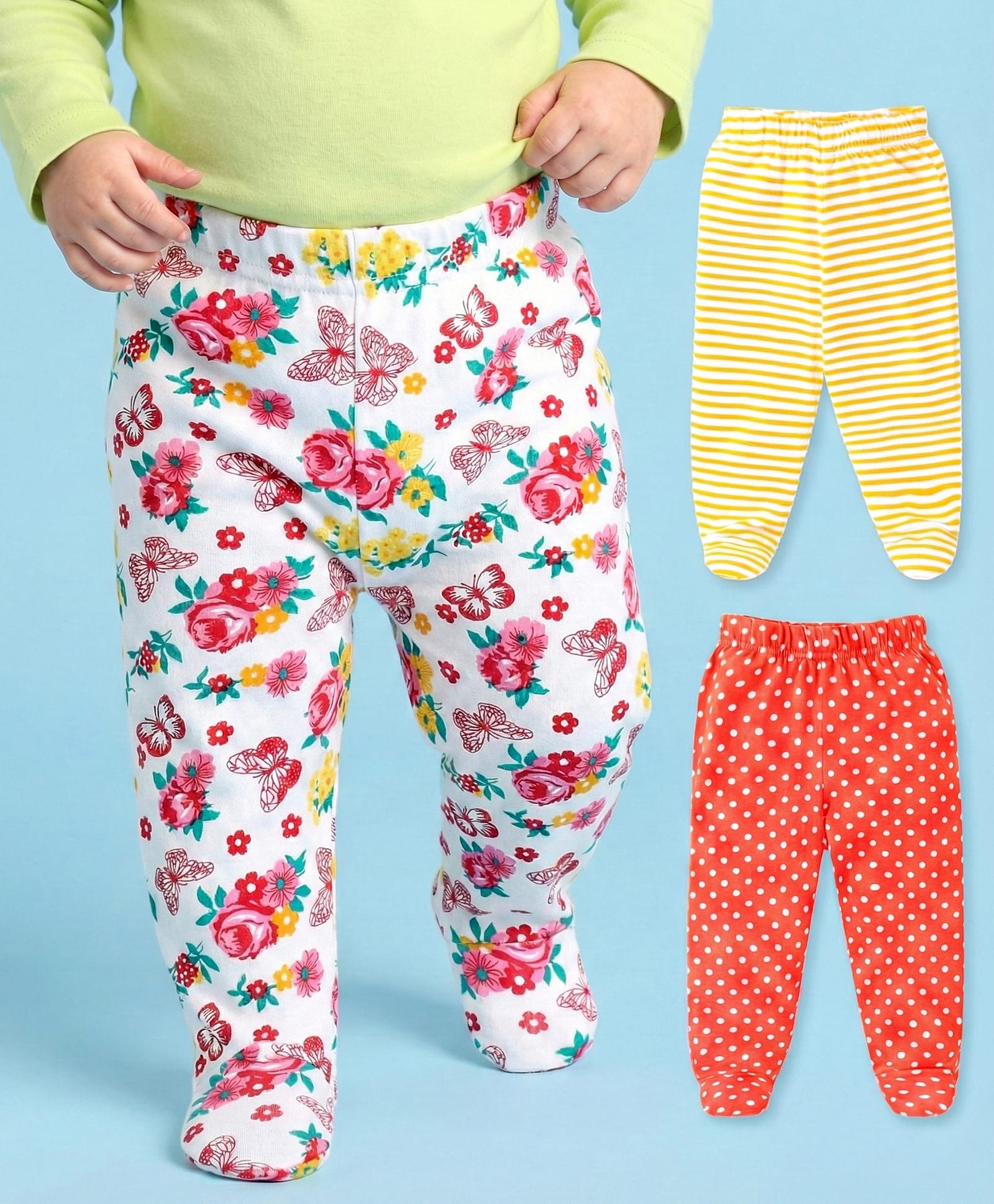 Babyhug Cotton Knit Interlock Bootie Leggings with Floral & Polka Dots Print Pack of 3 - White Yellow & Red-image-27