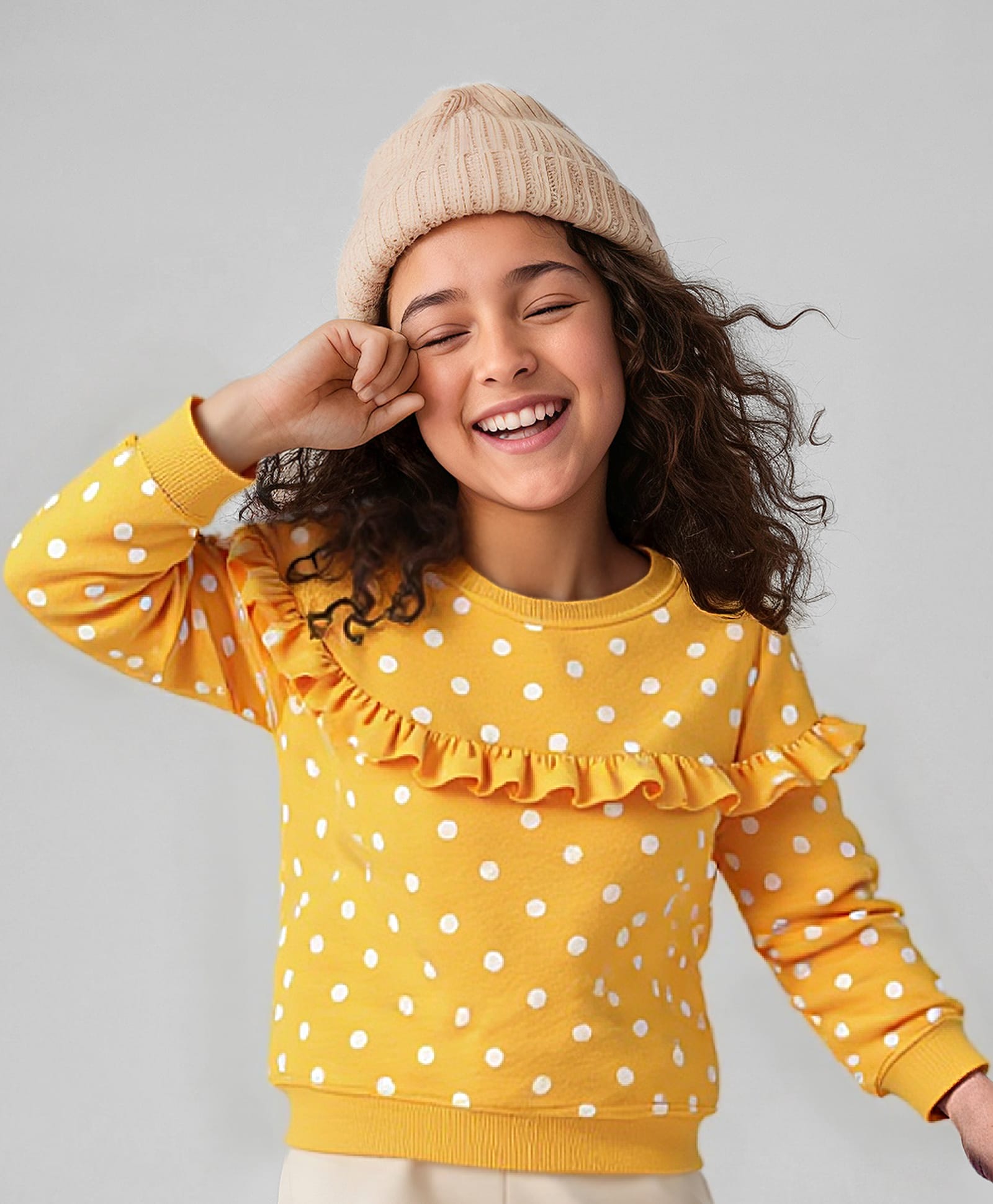 Babyhug Cotton Knit Full Sleeves Sweatshirt With Polka Dot Print & Frill Detailing - Yellow-picture-19