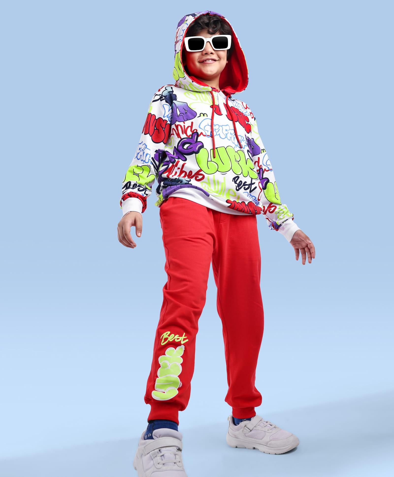 Ollington St. 100% Cotton Knit Full Sleeves Hooded Winter Wear Set With Street Art Print - Red & White-picture-15