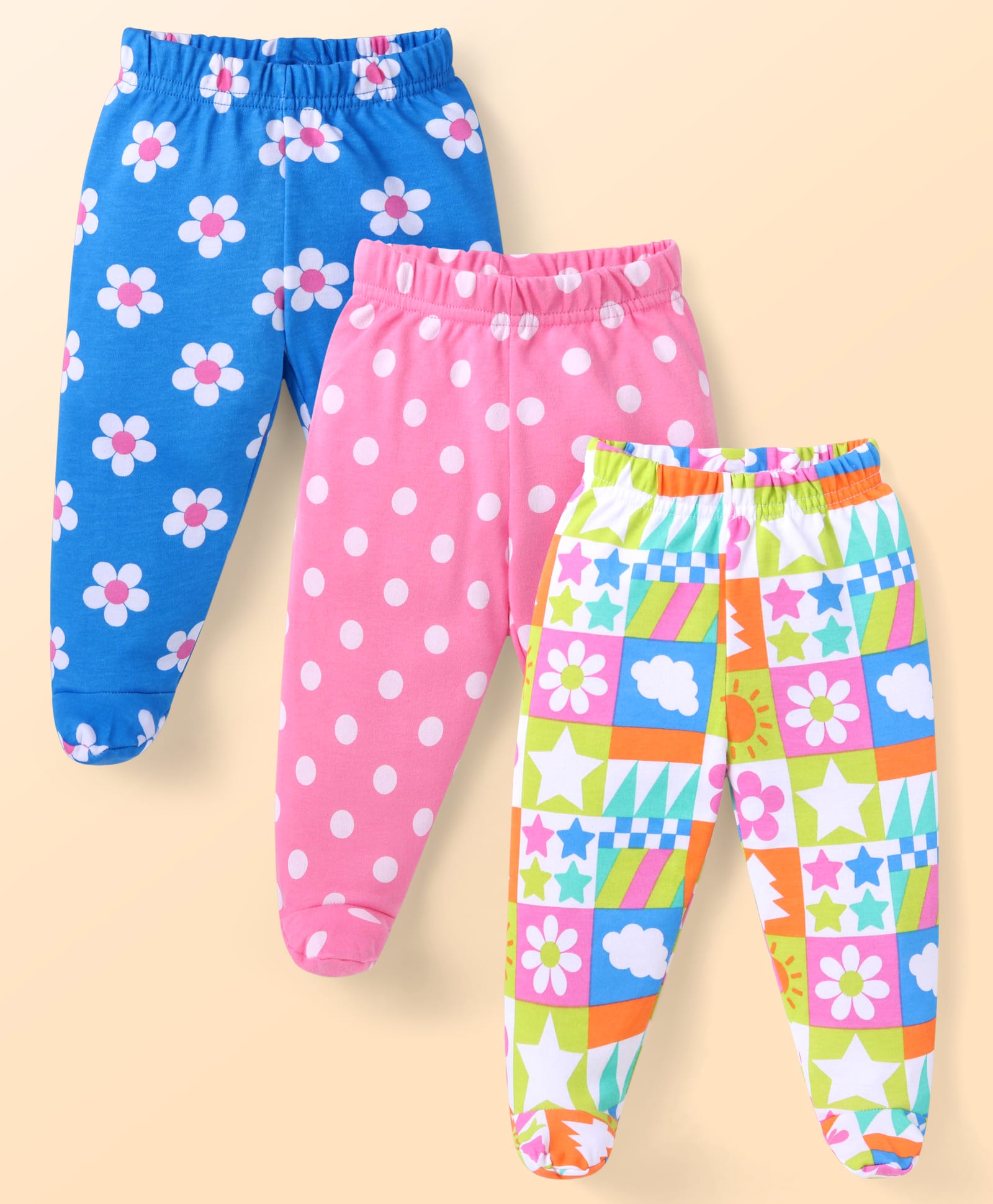 Babyhug Cotton Knit Full Length Floral & Polka Dot Printed Bootie Leggings Pack of 3 - Blue & Pink-image-47