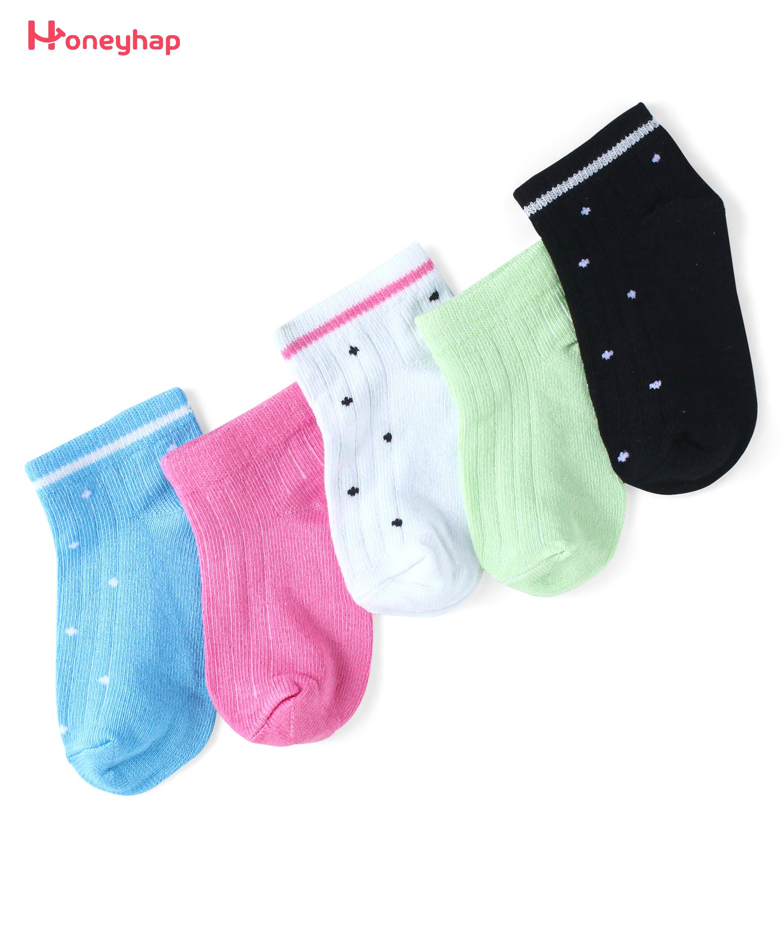 Honeyhap Premium Cotton Bamboo Spandex With Bio Finish Socks Pack of 5 - Black White Green Glow Sachet Pink & Baltic Sea-image-44