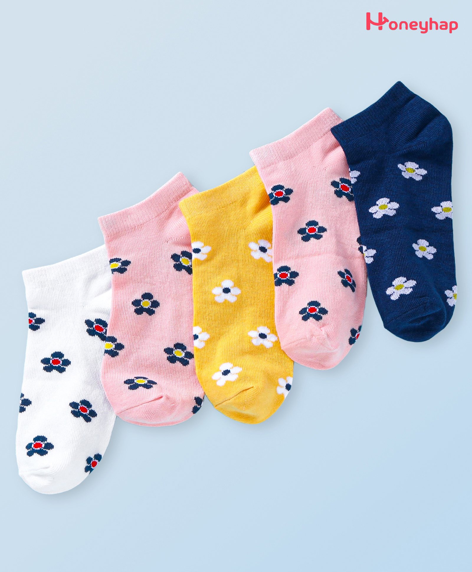Honeyhap Premium Cotton Bamboo Spandex With Bio Finish Socks With Floral Print Pack of 5 - Limoges Bright White Snapdragon & Gosammer Pink-image-34