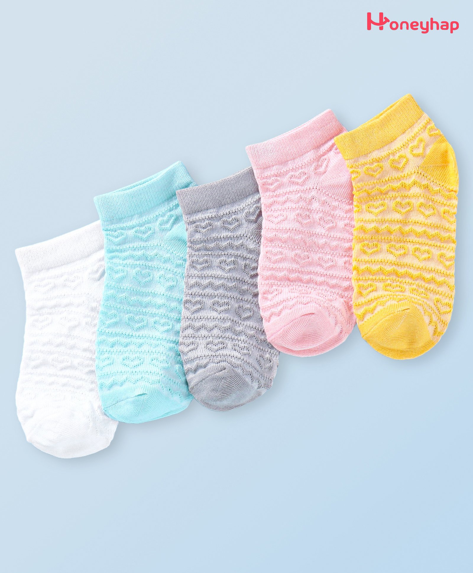 Honeyhap Premium Cotton Bamboo Spandex With Bio Finish Socks With Heart Knit Design Pack of 5 - Honeydew High Rise Snapdragon Gosammer Pink & White-picture-20