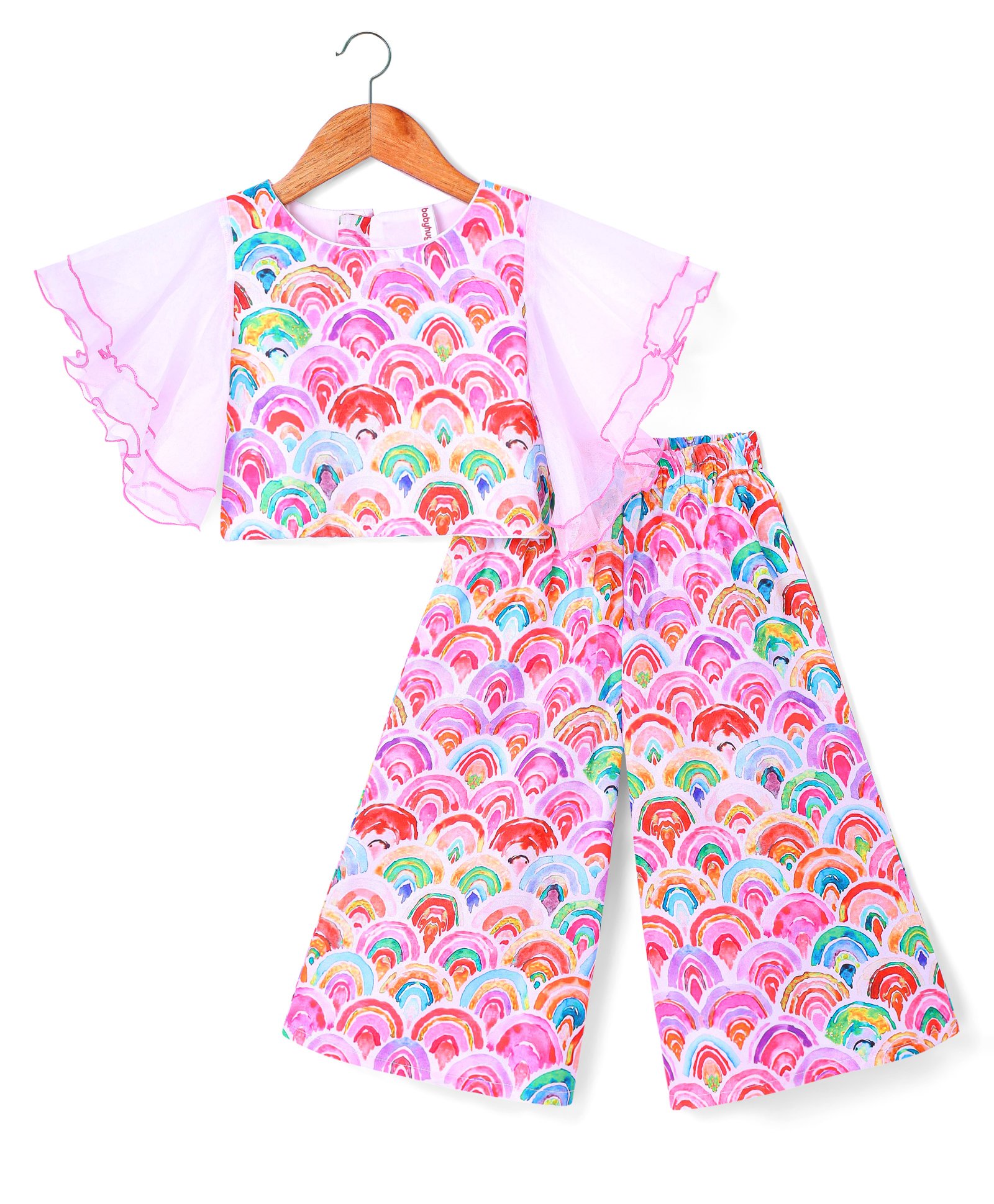 Babyhug Woven Flutter Sleeves Digital Printed Top & Palazzo Set - Pink & White-image-5