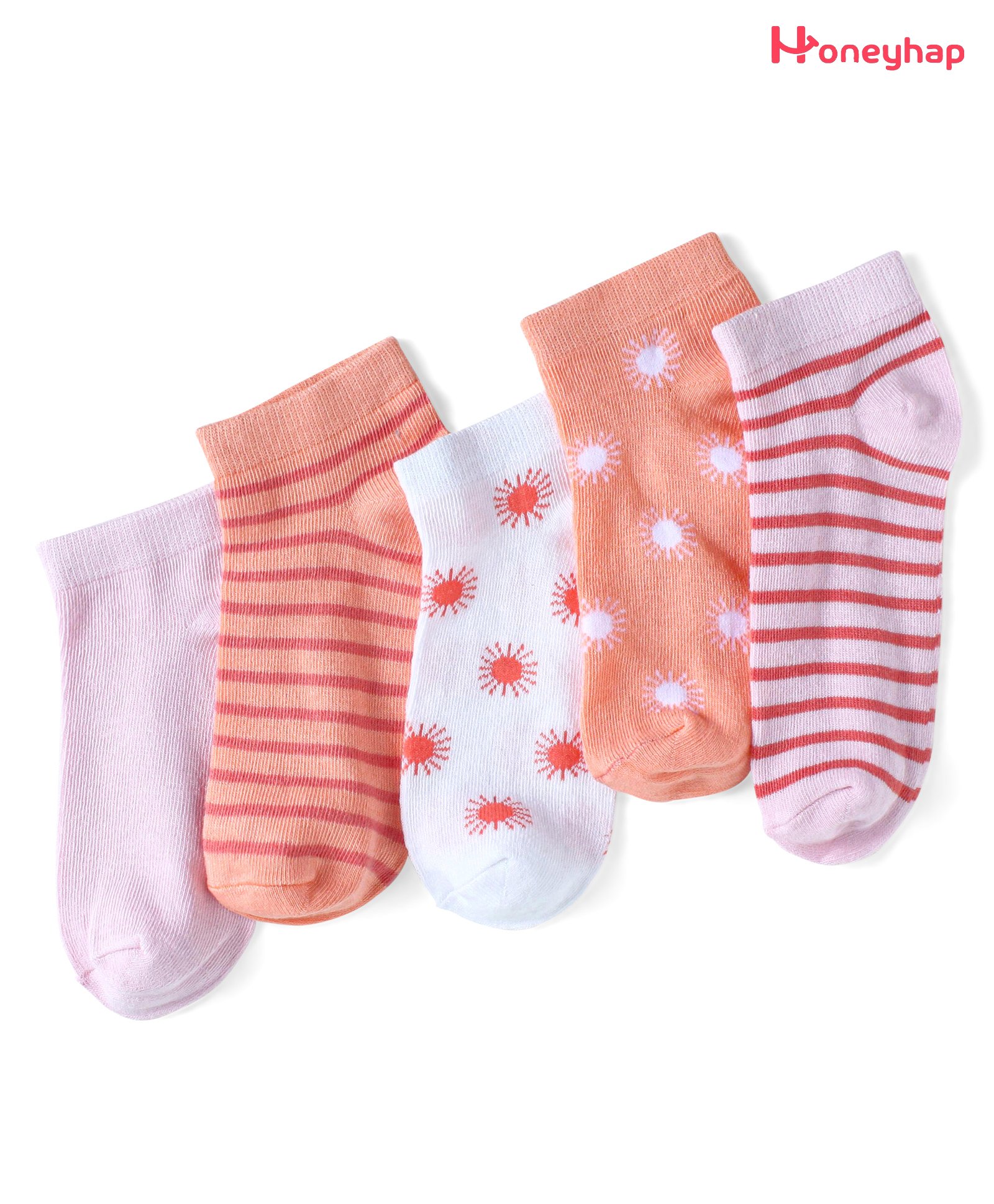 Honeyhap Premium Cotton Bamboo Spandex With Bio Finish Striped & Designed Socks Pack of 5 - Peach Nectar Bright White & Pink Salt-image-1