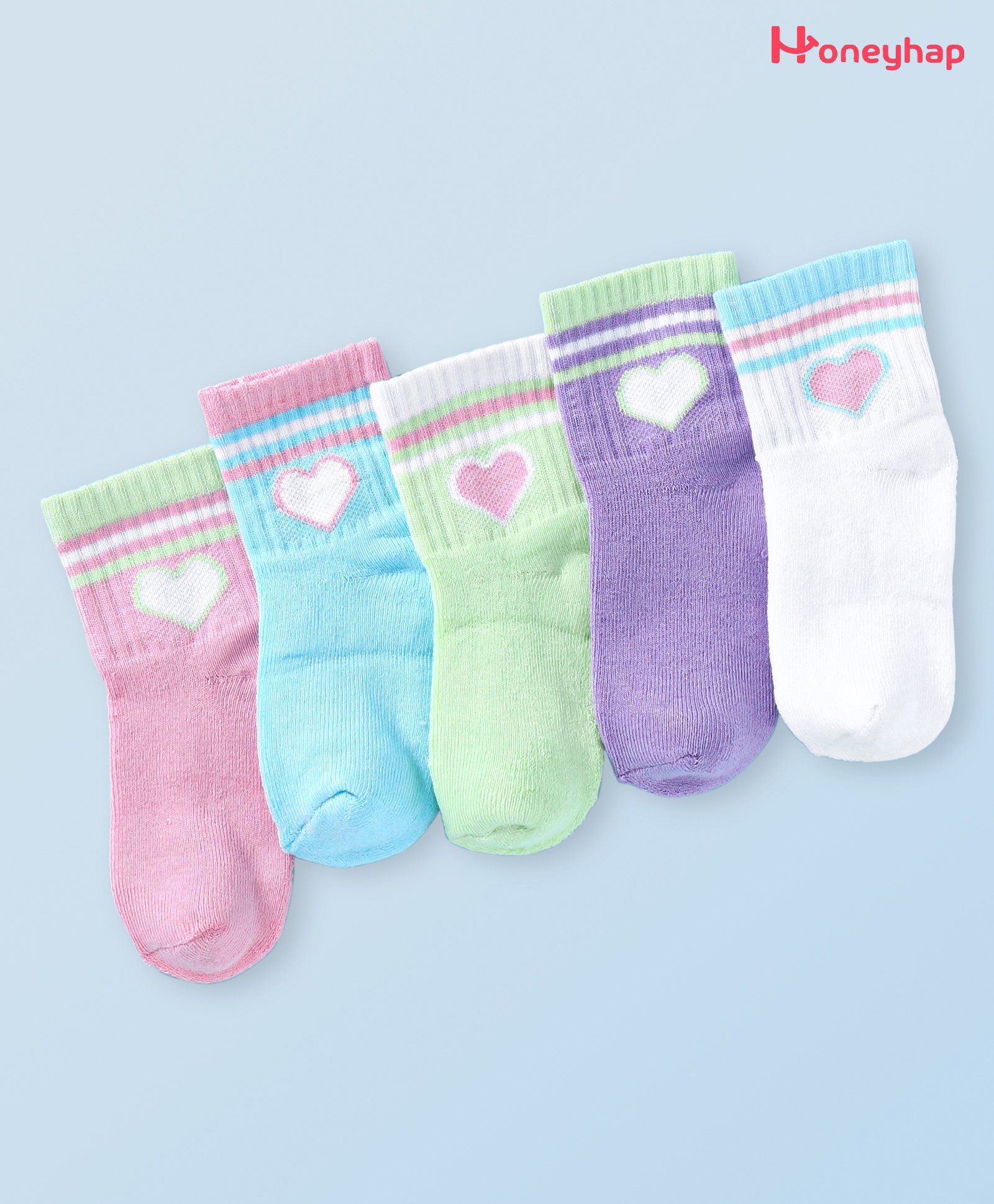 Honeyhap Premium Cotton Bamboo Spandex With Bio Finish Socks With Heart Design Pack of 5 - Pink Slat Bright White Blue Elixir Green Glow & Lavender-image-22