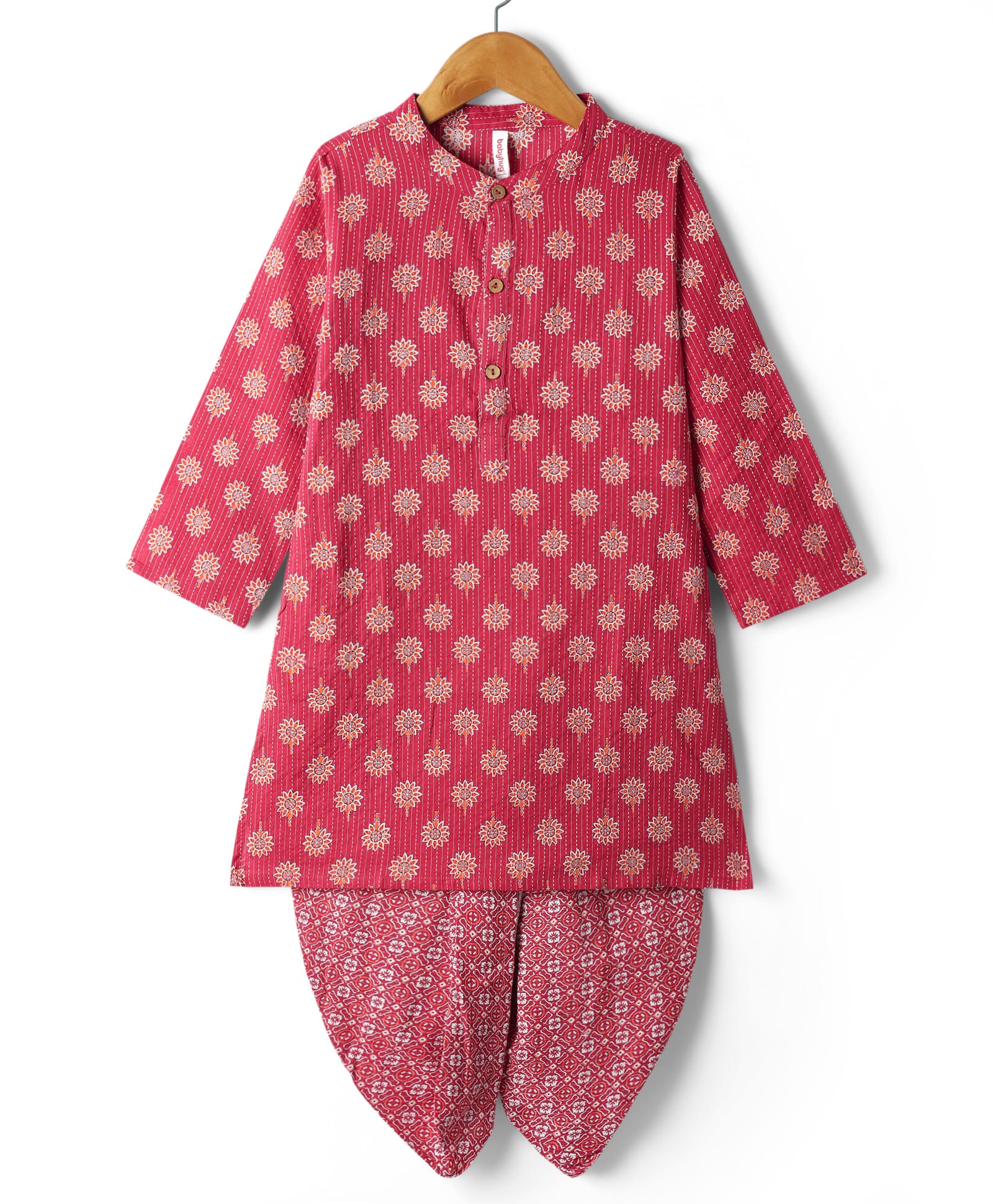 Babyhug Cotton Woven Full Sleeves Kurta Dhoti Set with Cambric Dhari & Floral Print -Red-image-11