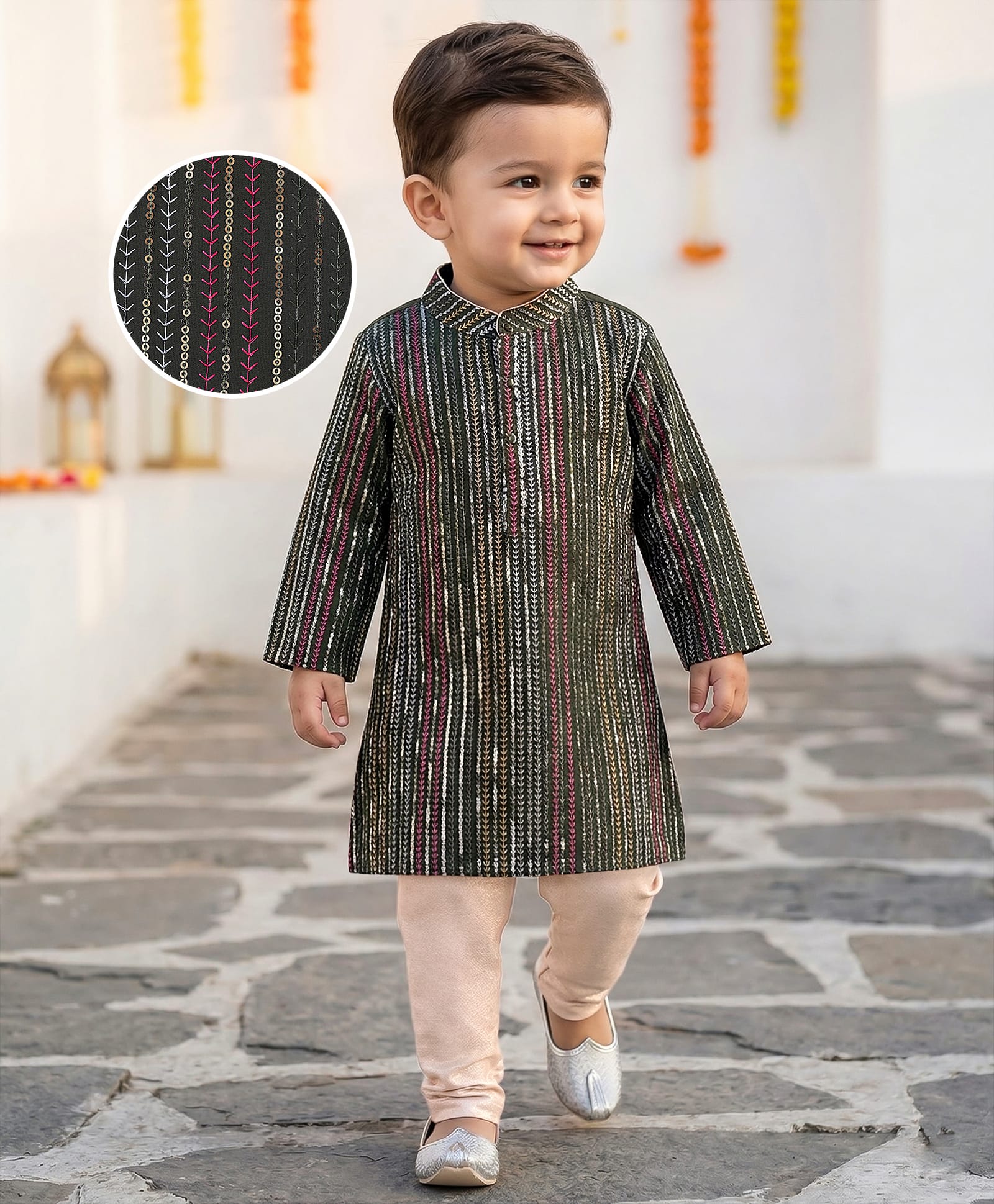 Babyhug Woven Full Sleeves Kurta Pyjama Set with Sequin Embroidery - Green-picture-11