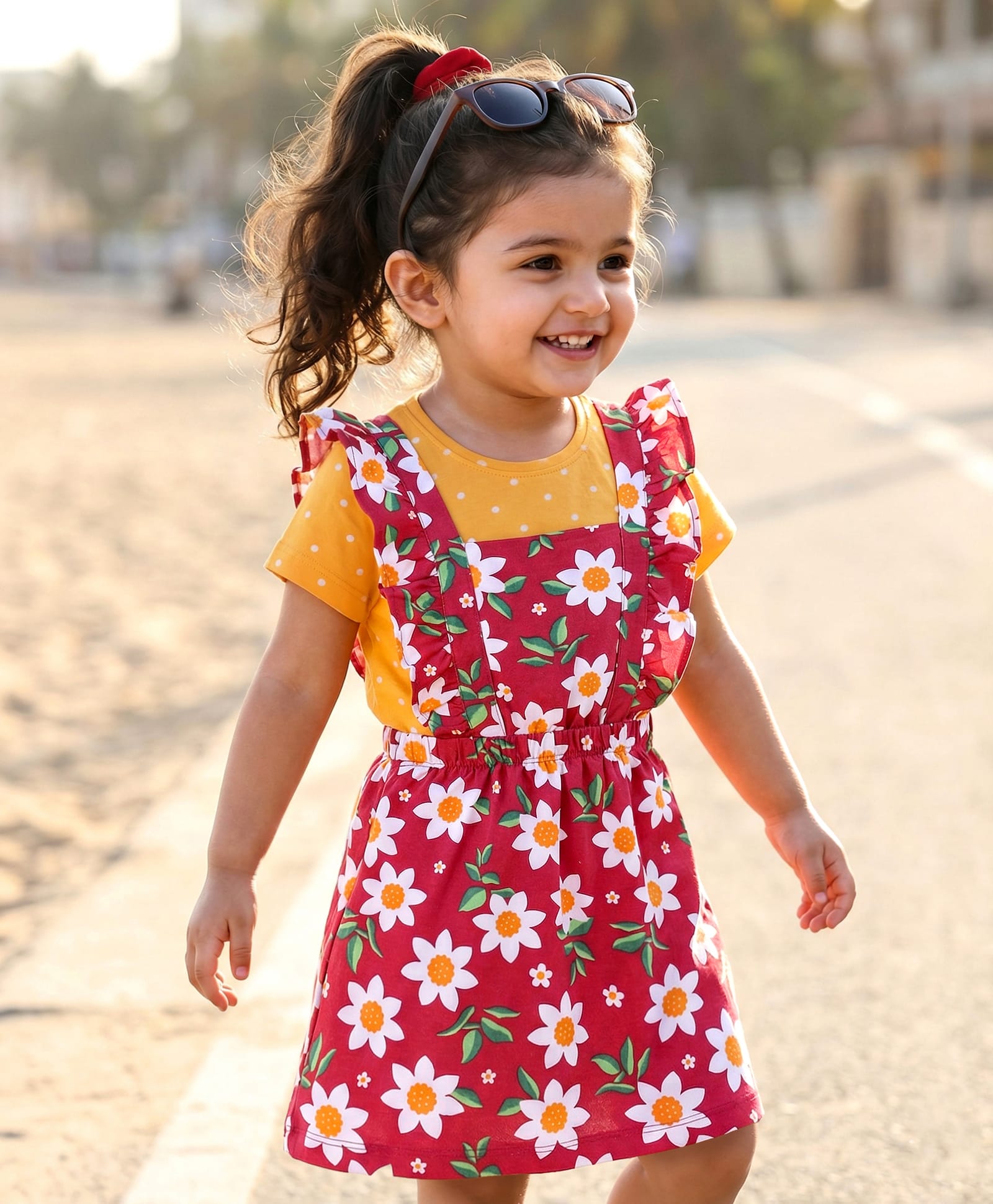 Babyhug Cotton Knit Frock & Half Sleeves Inner Tee With Floral & Polka Dot Print - Maroon & Mustard-image-41