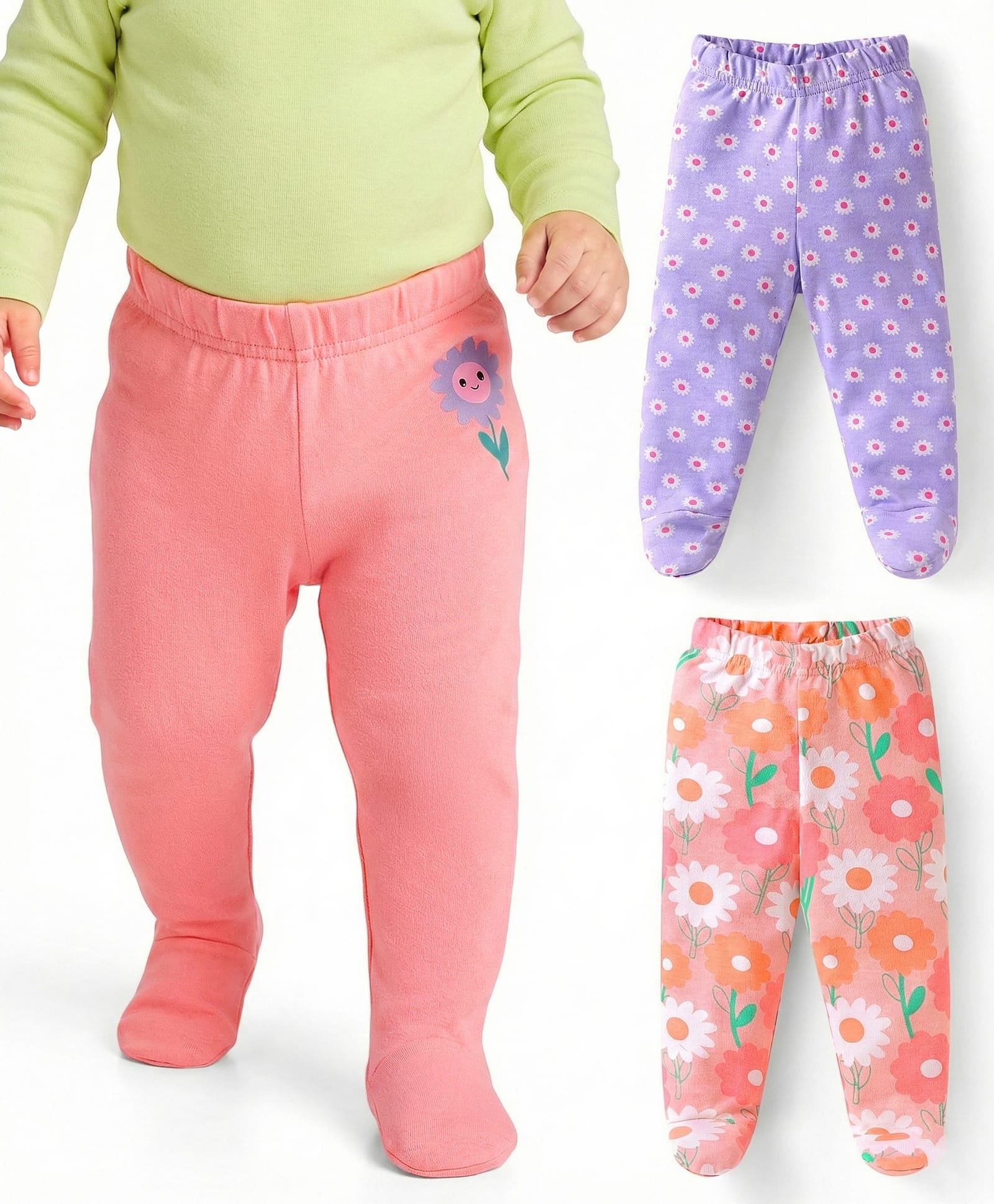 Babyhug Interlock Knit Footed Leggings with Floral Print Pack of 3 - Pink& Purple
