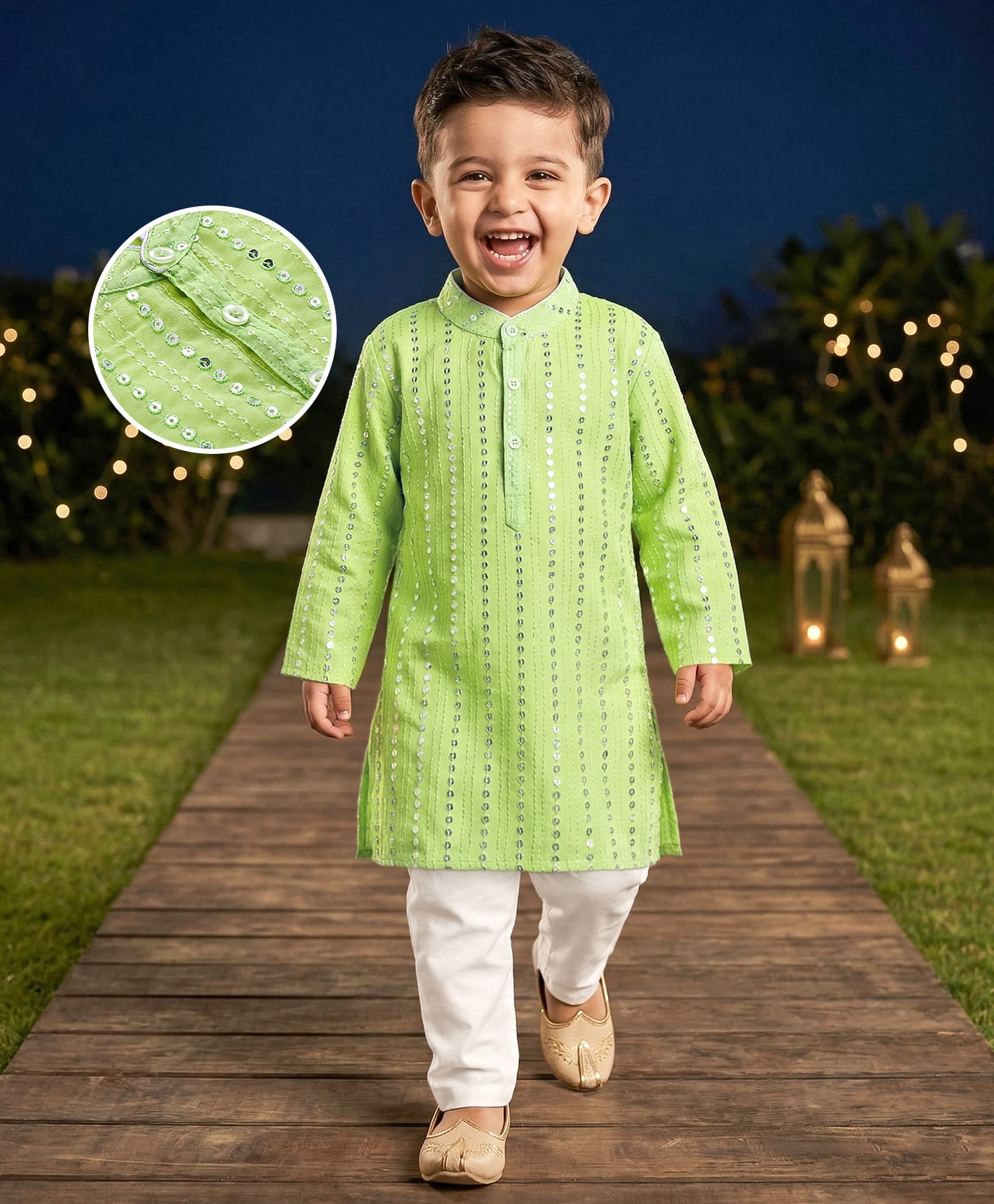 Babyhug Woven Full Sleeves Sequinned Embroidered Kurta Pyjama Set- Light Green-image-40