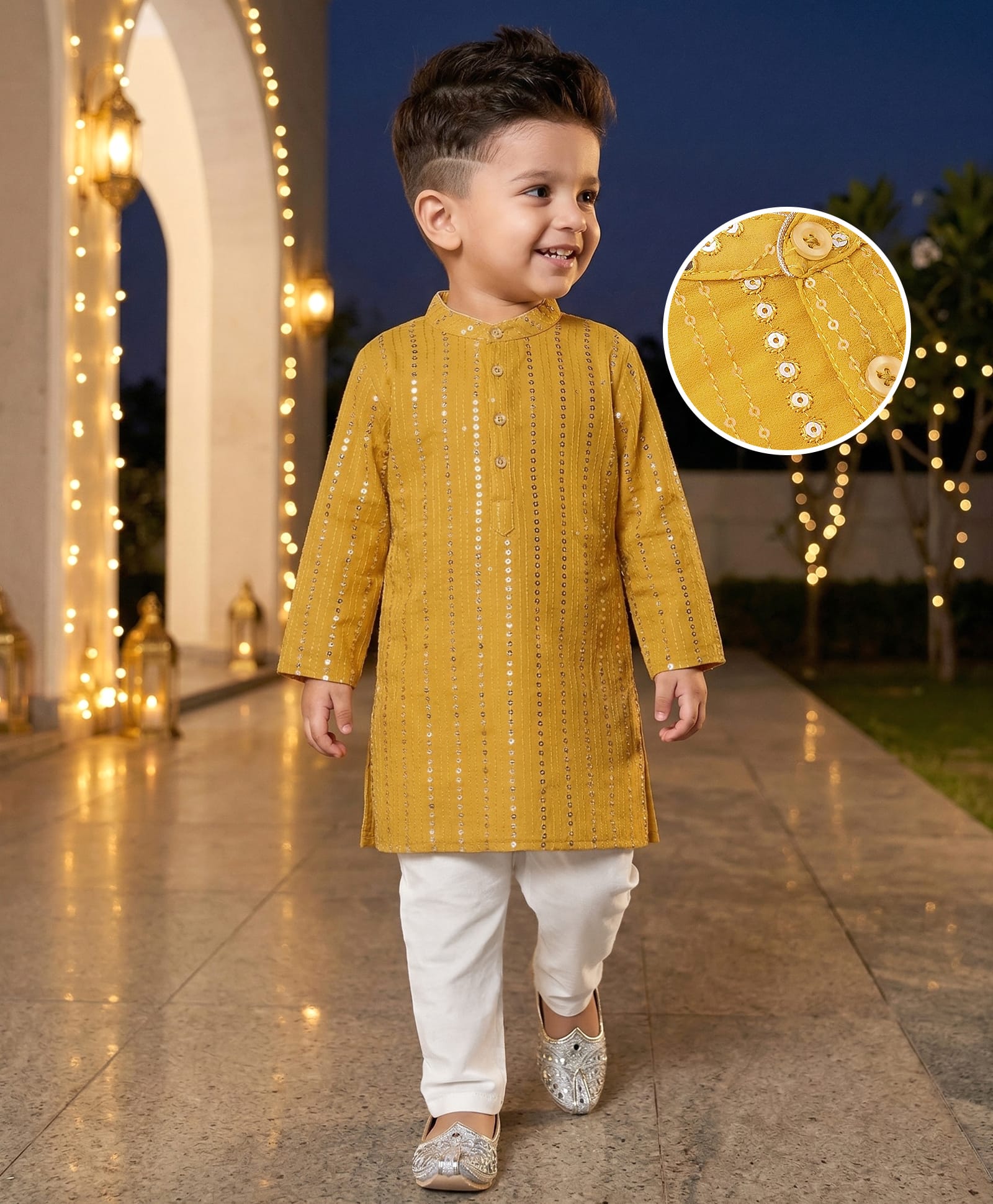 Babyhug Woven Full Sleeves Sequin Embroidered Kurta Pyjama Set - Yellow-image-25