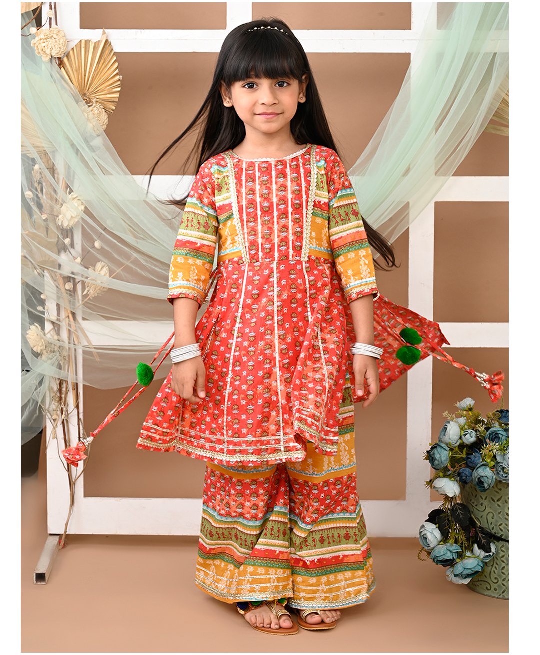 LIL PITAARA Pure Cotton Three Fourth Sleeves Floral Printed & Gota Lace Embellished Kurta & Coordinating Palazzo Set - Red-picture-35