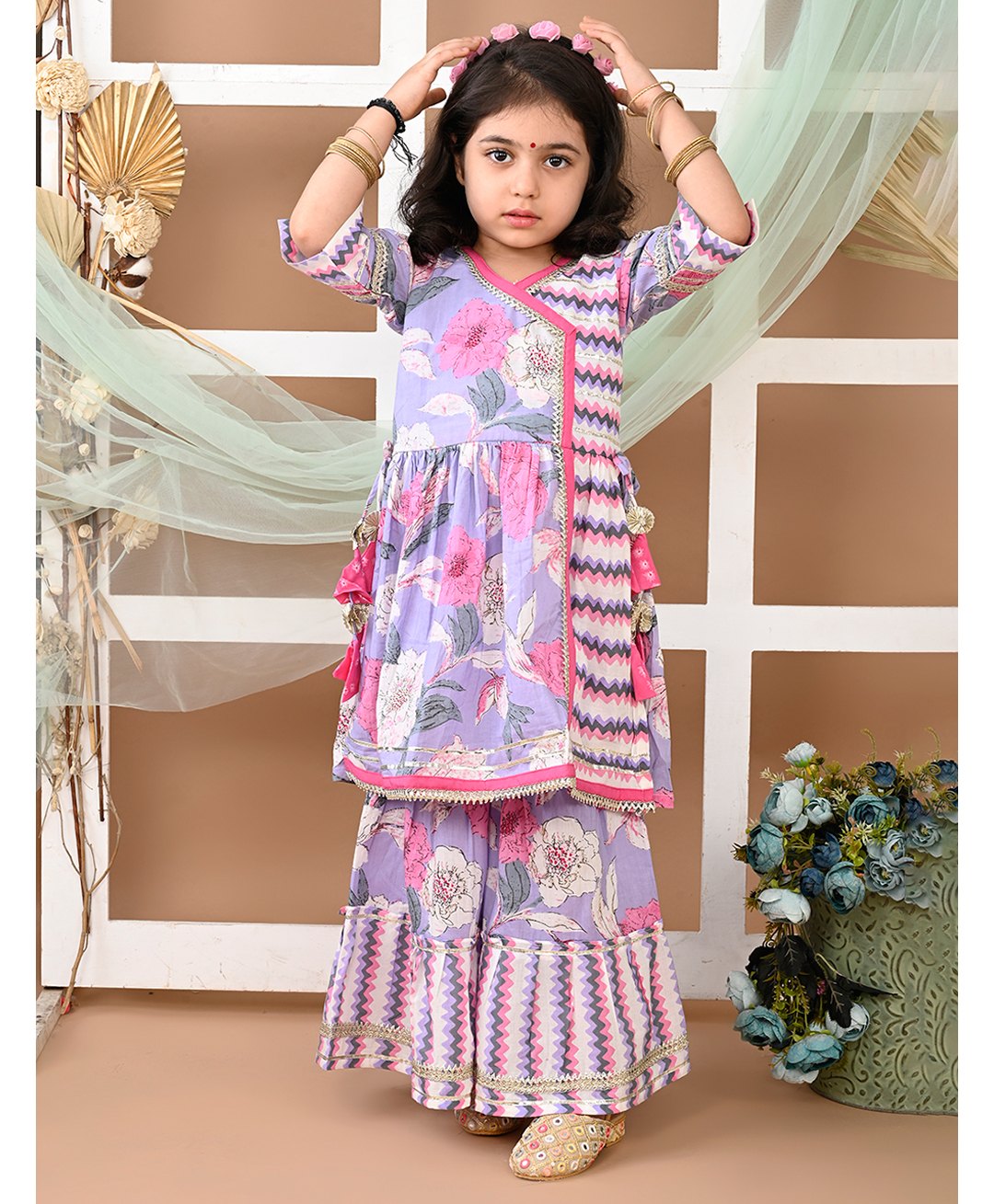 LIL PITAARA Pure Cotton Three Fourth Sleeves Floral Printed & Gota Lace Embellished Coordinating Kurta & Sharara Set - Purple-picture-23