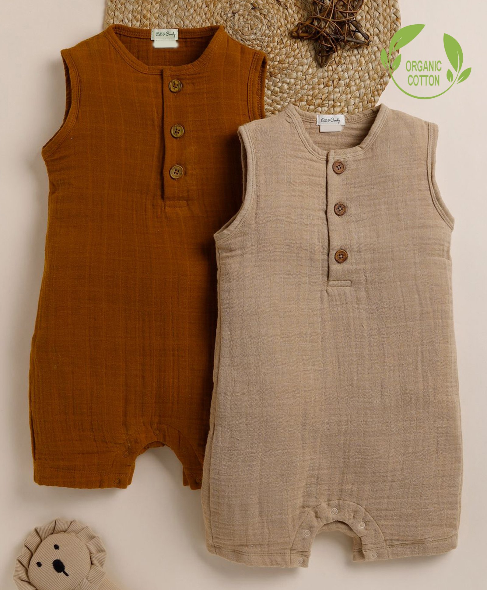 Cot & Candy Pack of 2 Organic Cotton Sleeveless Solid Rompers - Ginger & Latte-picture-13