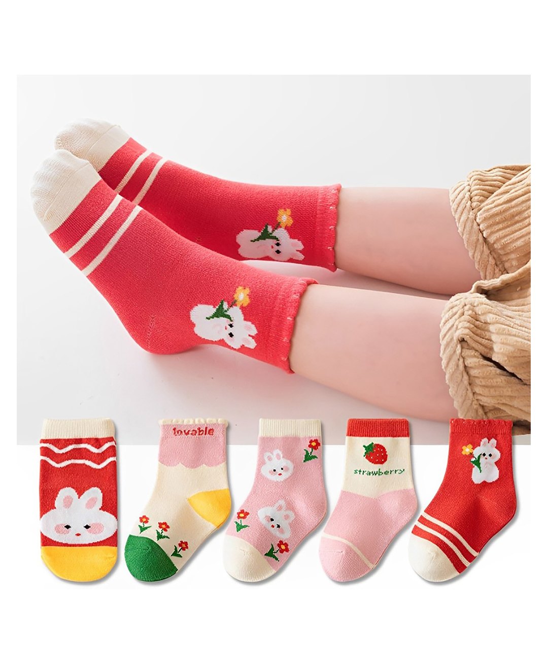 MOMISY Pair of 5 Strawberry & Rabbit Face Printed Socks - Multicolor-image-15