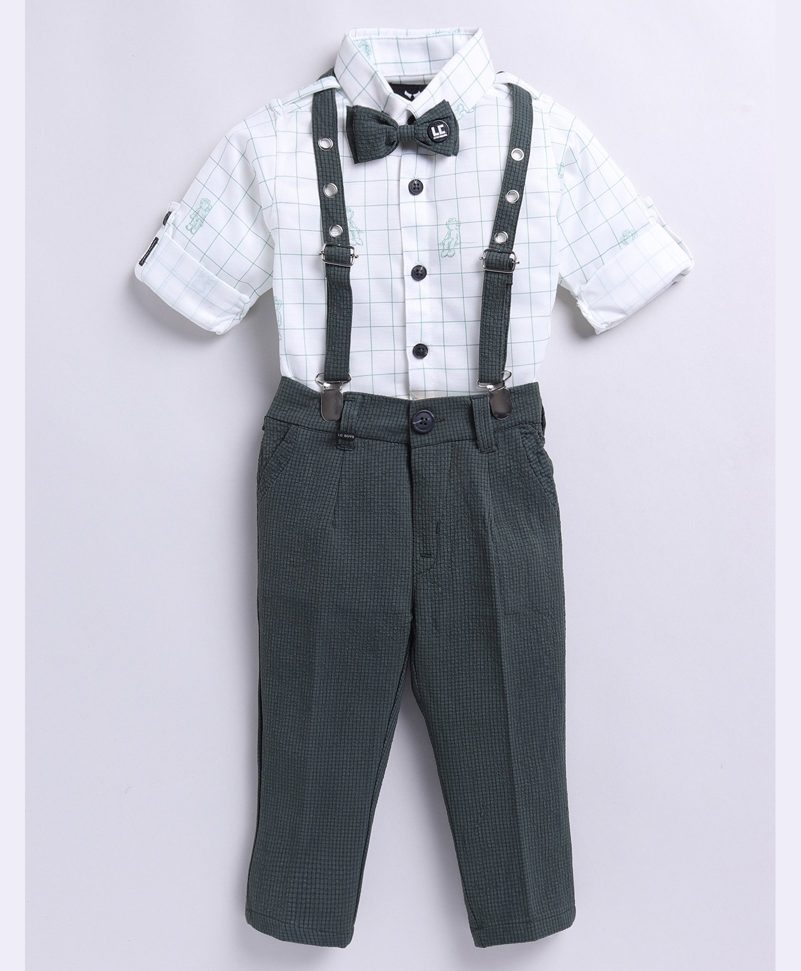 LITTLE COLLARS Checked Shirt With Coordinating Pant Suspender & Bow - Dark Green-picture-3
