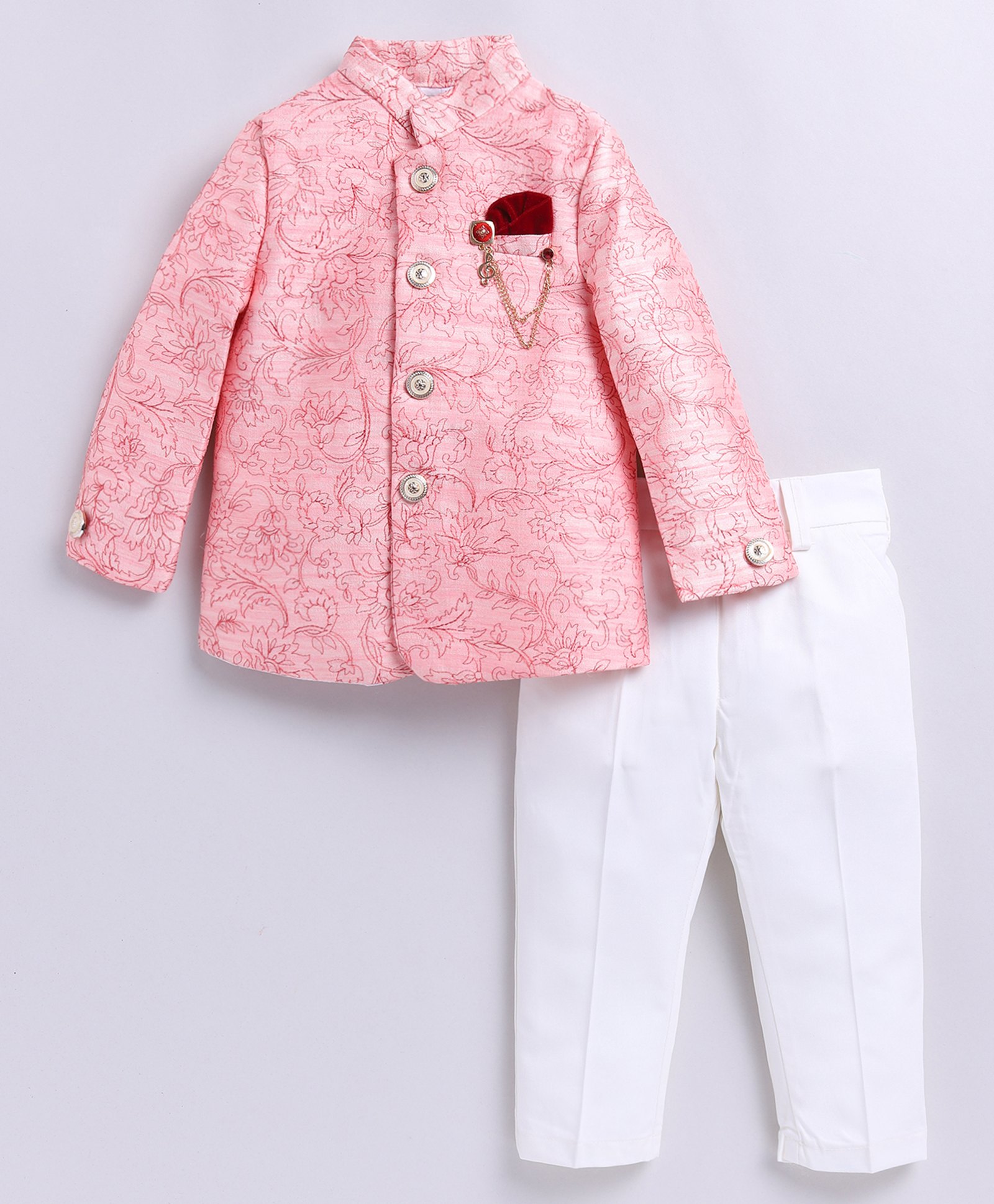 LITTLE COLLARS Full Sleeves Floral Printed Coat With Broach & Solid Pant - Red-picture-8