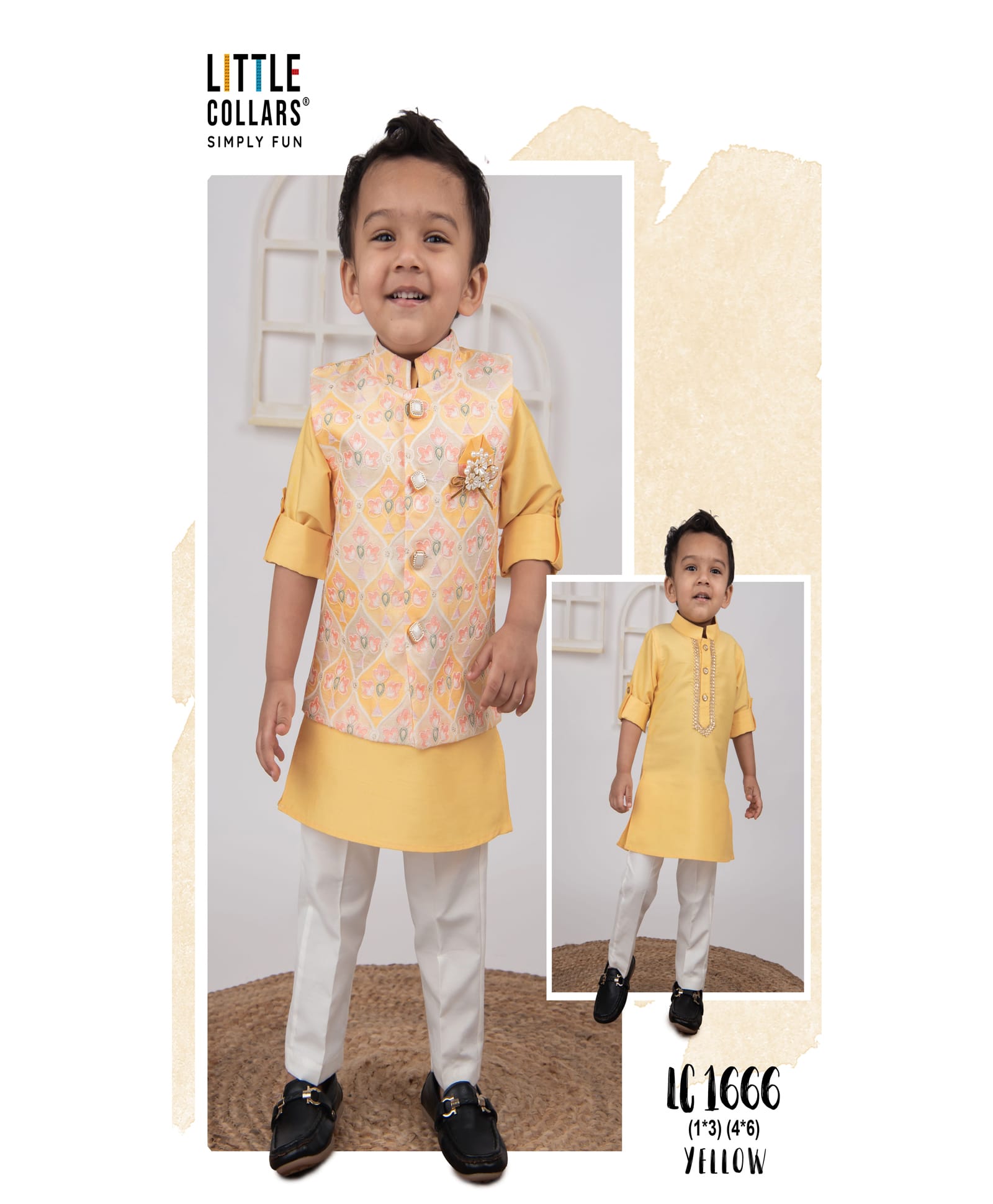 LITTLE COLLARS Jacquard Full Sleeves Solid Kurta & Pyjama With Floral Embroidered Nehru Jacket & Broach - Yellow-picture-15
