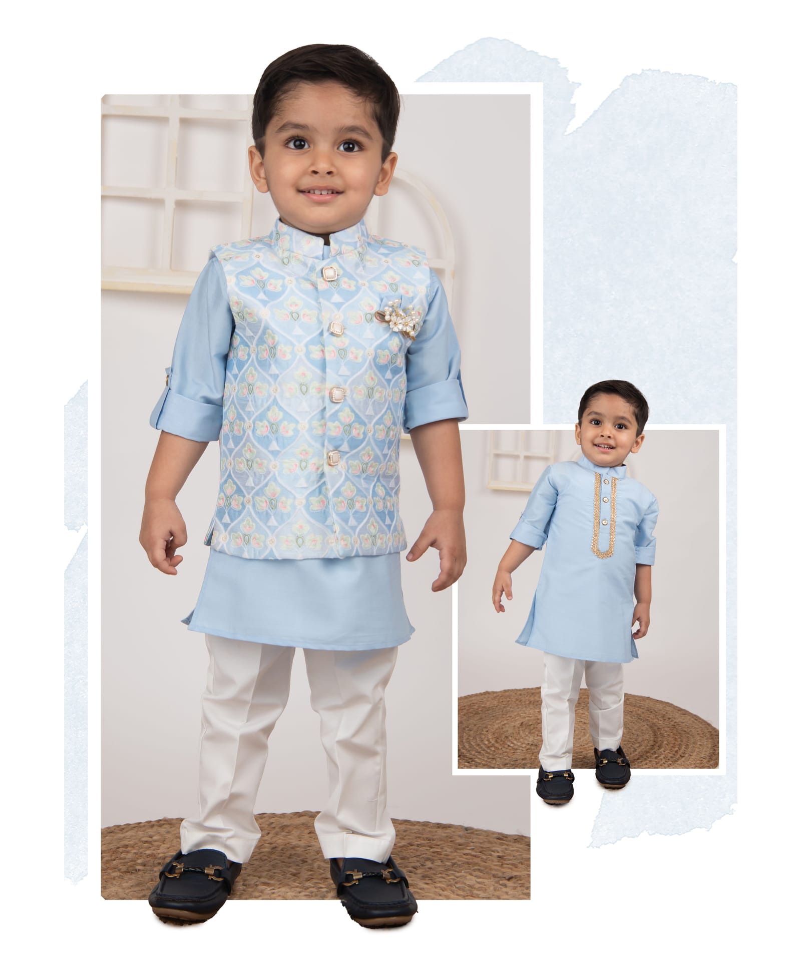 LITTLE COLLARS Jacquard Full Sleeves Solid Kurta & Pyjama With Floral Embroidered Nehru Jacket & Broach - Blue-picture-16