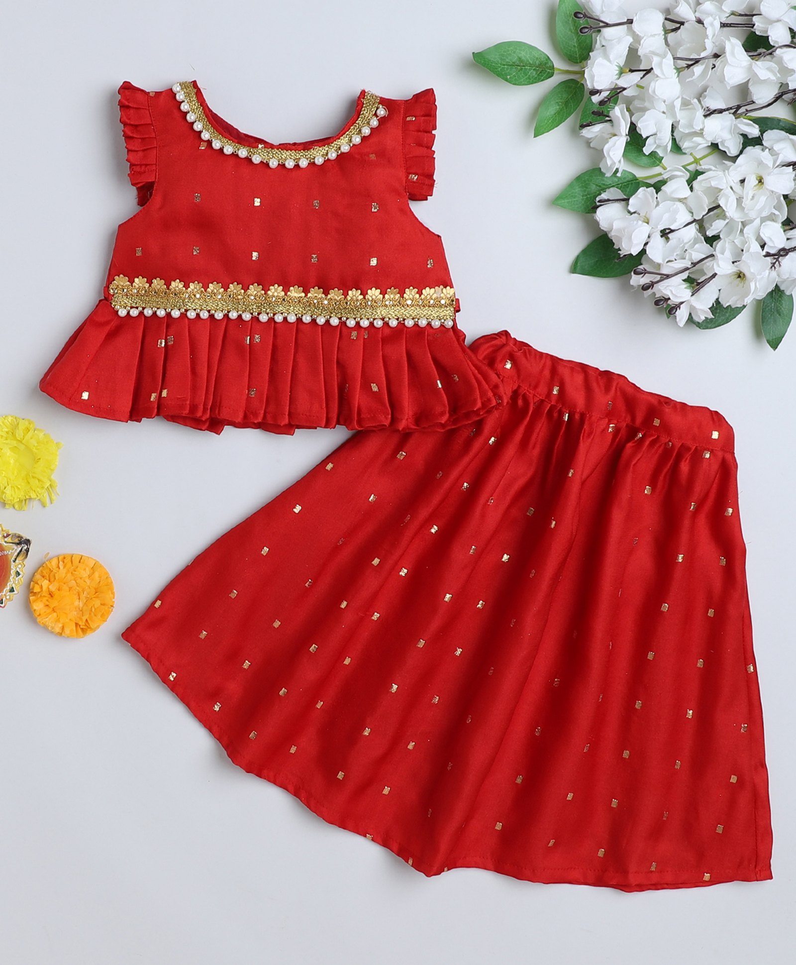 Many frocks & Sleeveless Foil Printed & Pearl Embellished Coordinating Lehenga Choli Set - Maroon-image-25