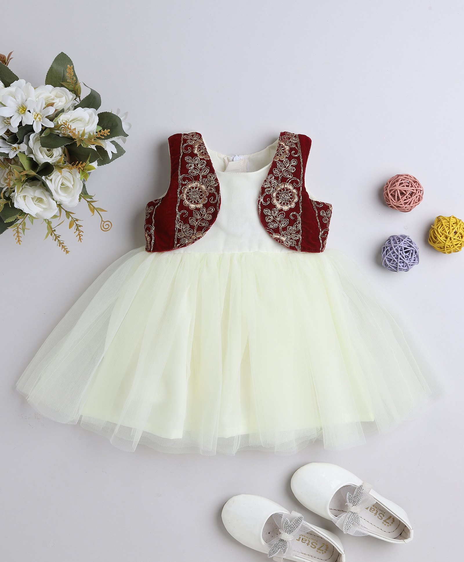 Many frocks & Sleeveless Dress With Velvet Foil Embroidered Attached Shrug - Off White-image-11