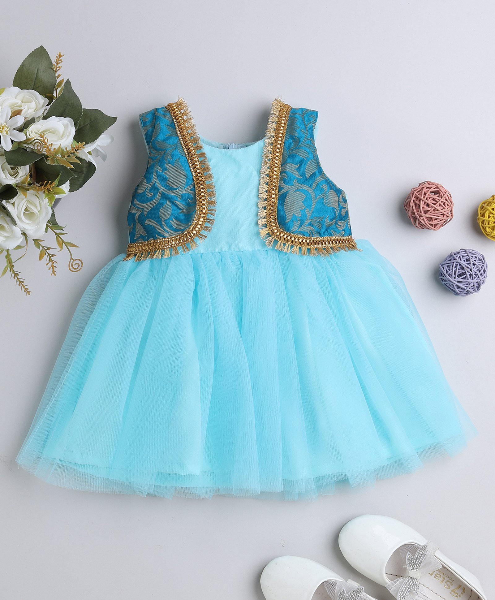 Many frocks & Sleeveless Dress With Brocade Lace Embellished Attached Shrug - Blue-image-16