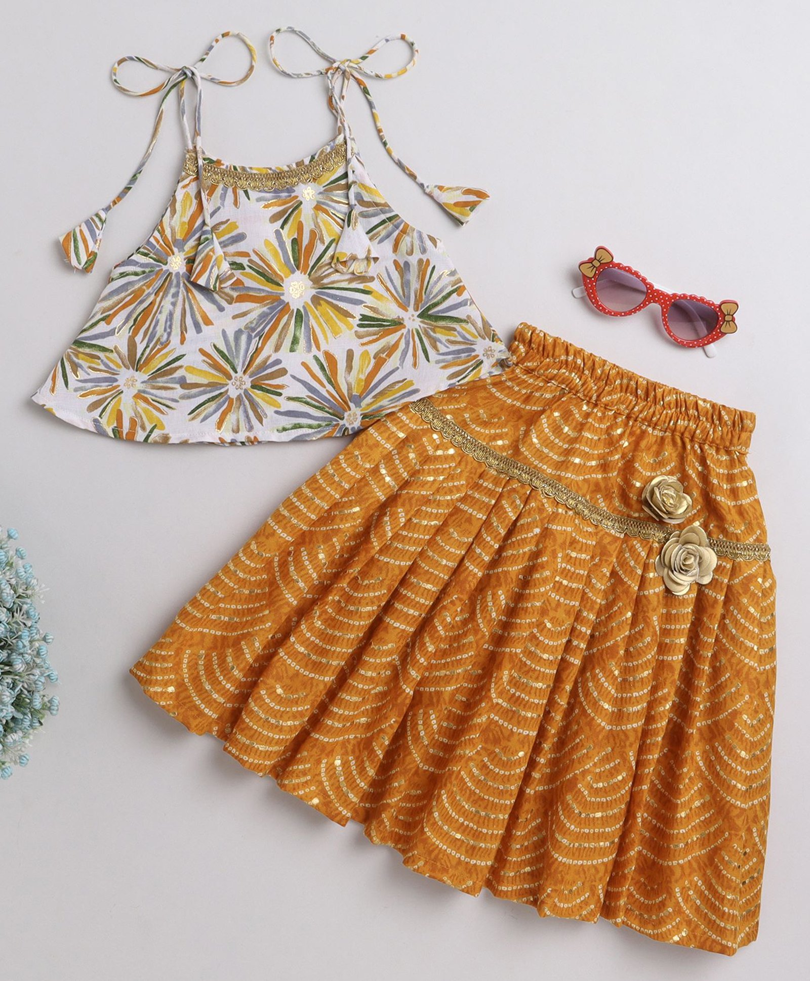 Many frocks & Cotton Sleeveless Floral Printed & Bandhani Designed Lace Embellished Lehenga Choli Set - Yellow-image-34