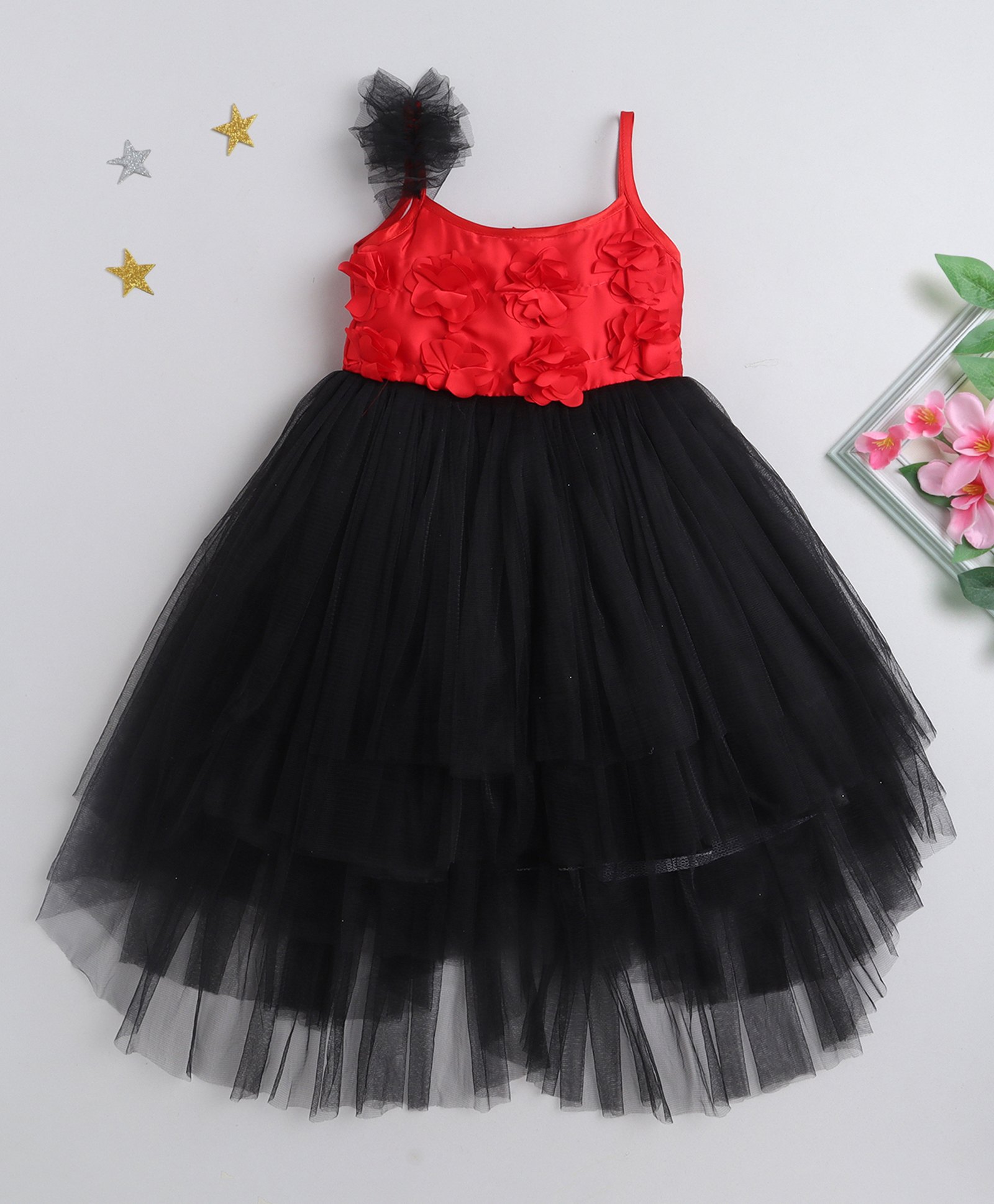 Many frocks & Net Sleeveless Floral Applique Detailed High Low Dress - Red & Black-image-43