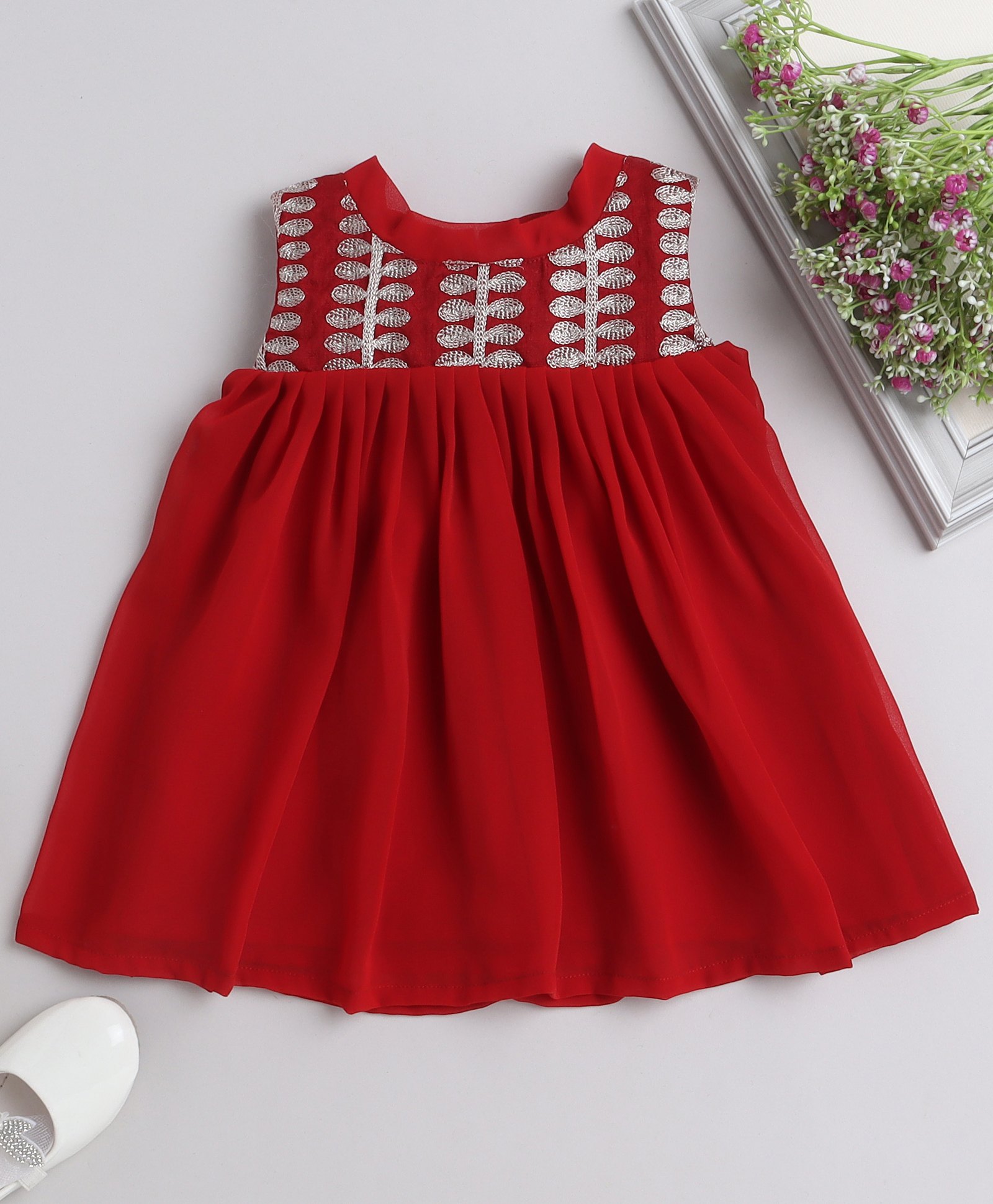 Many frocks &Sleeveless Abstract Embroidered Dress - Maroon-image-1